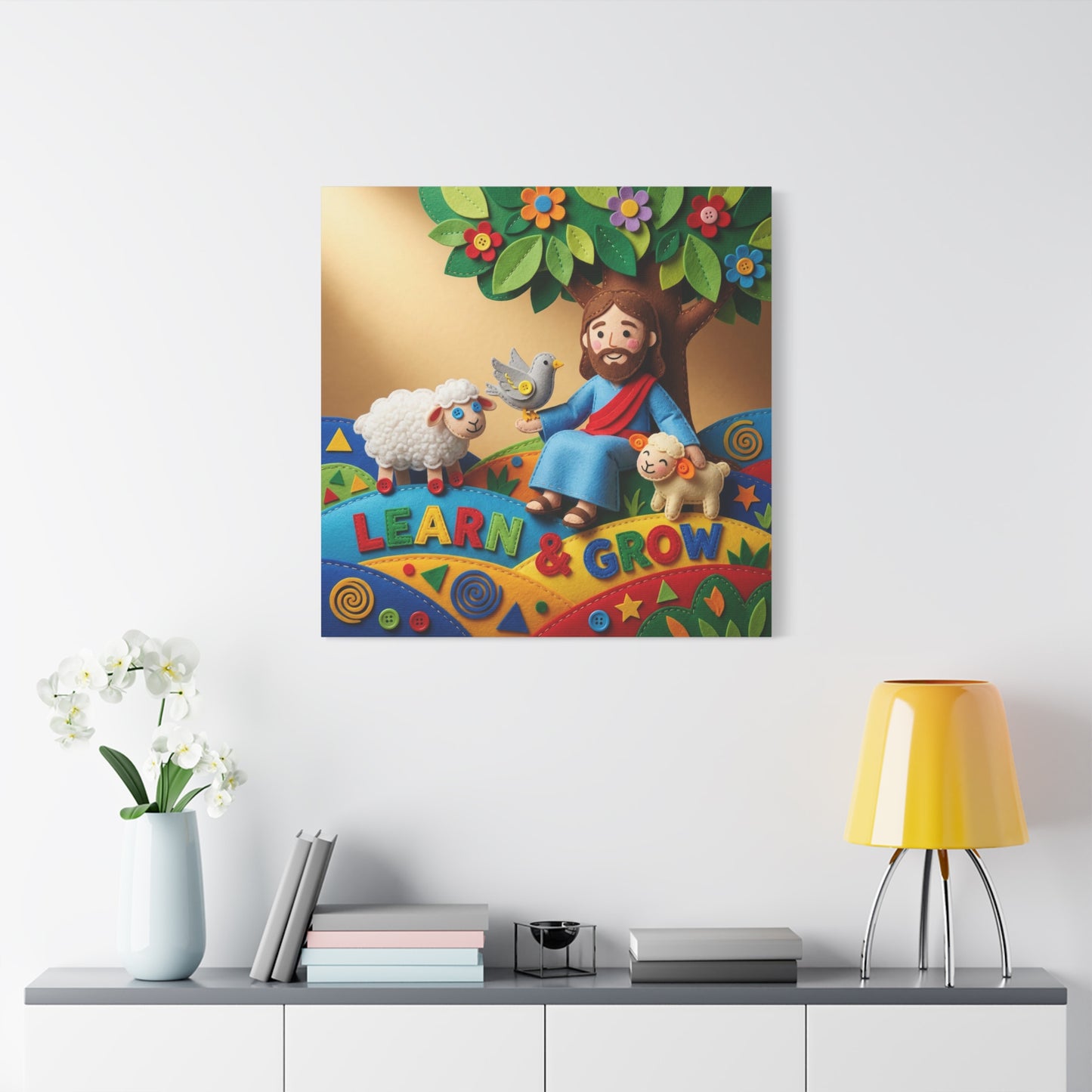 "Learn & Grow" Jesus Canvas Wall Art - Christian Nursery Decor, Lamb And Dove Under Tree - Colorful Felt Style Canvas Print - Kids Room Wall Hanging, Classroom Decoration - Ready to Hang