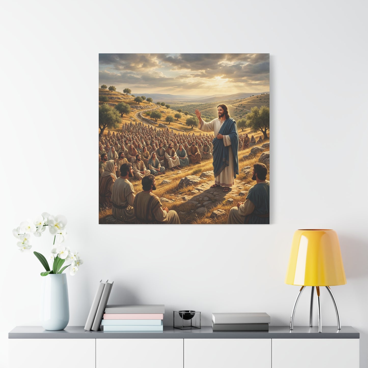 Jesus Teaching Multitude Canvas Wall Art - Biblical Hillside Sermon Scene, Matte Cotton Print - Traditional Christian Decor - Living Room Wall Decor, Bedroom Home Decoration, Office Art