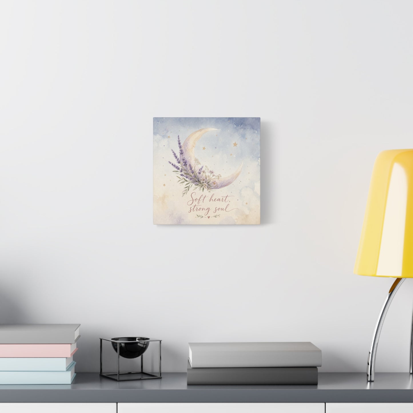 "Soft Heart, Strong Soul" Moon Canvas Wall Art - Lavender Floral Celestial Quote Print - Watercolor Nursery Bedroom Decor - Bohemian Home Decoration - Office Wall Art - Bedroom Home Decoration