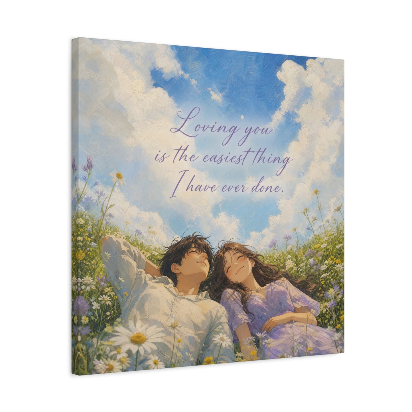 "Loving You Is The Easiest Thing I Have Ever Done." Canvas Wall Art - Romantic Couple In Wildflower Meadow Sky Quote Print - Dreamy Pastel Illustration - Ready to Hang - Living Room Wall Decor