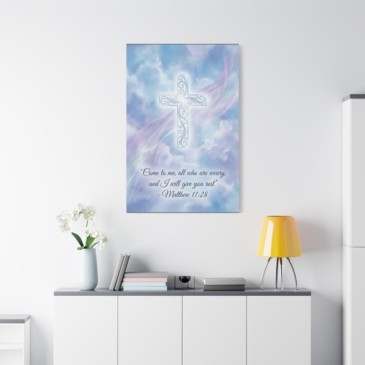 "Come To Me, All Who Are Weary, And I Will Give You Rest" Cross Canvas Wall Art - Matthew 11:28 Scripture Decor, Traditional Christian Wall Hanging, Serene Bedroom Living Room Accent - Ready to Hang