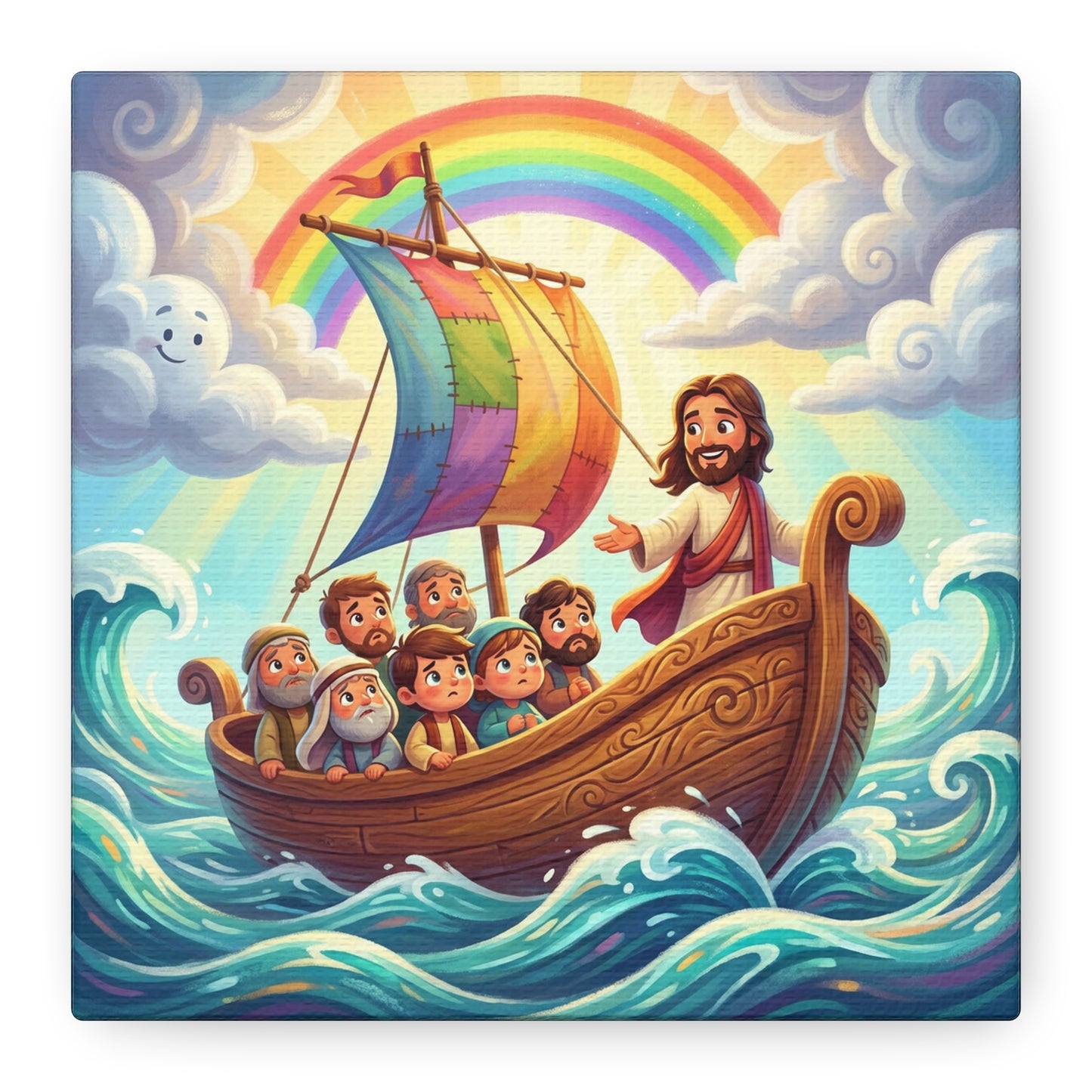 Jesus Boat Canvas Wall Art - Rainbow Sail, Disciples At Sea, Christian Nursery Decor - Matte Cotton Print - Whimsical Religious Style For Kids Bedroom Playroom Home Decoration - Living Room Wall Decor