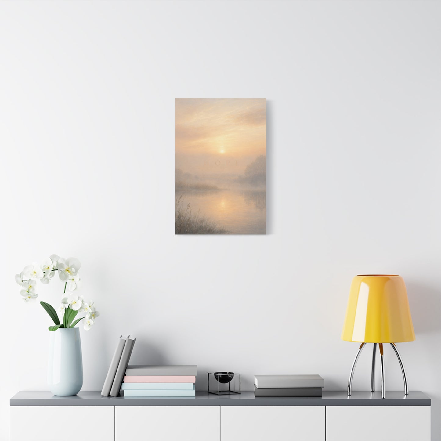 "Hope" Misty Sunrise Lake Canvas Wall Art - Serene Landscape Print, Inspirational Bedroom Wall Decor, Soft Neutral Home Decoration, Contemporary Meditation Space Accent - Bedroom Home Decoration