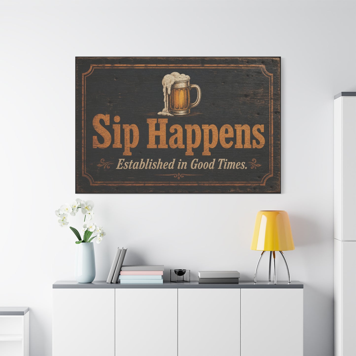 "Sip Happens" Beer Mug Canvas Wall Art - Rustic Vintage Pub Sign, Established In Good Times - Farmhouse Bar Decor - Ready to Hang - Ready to Hang - Pub Wall Art - Cocktail Lounge Decor