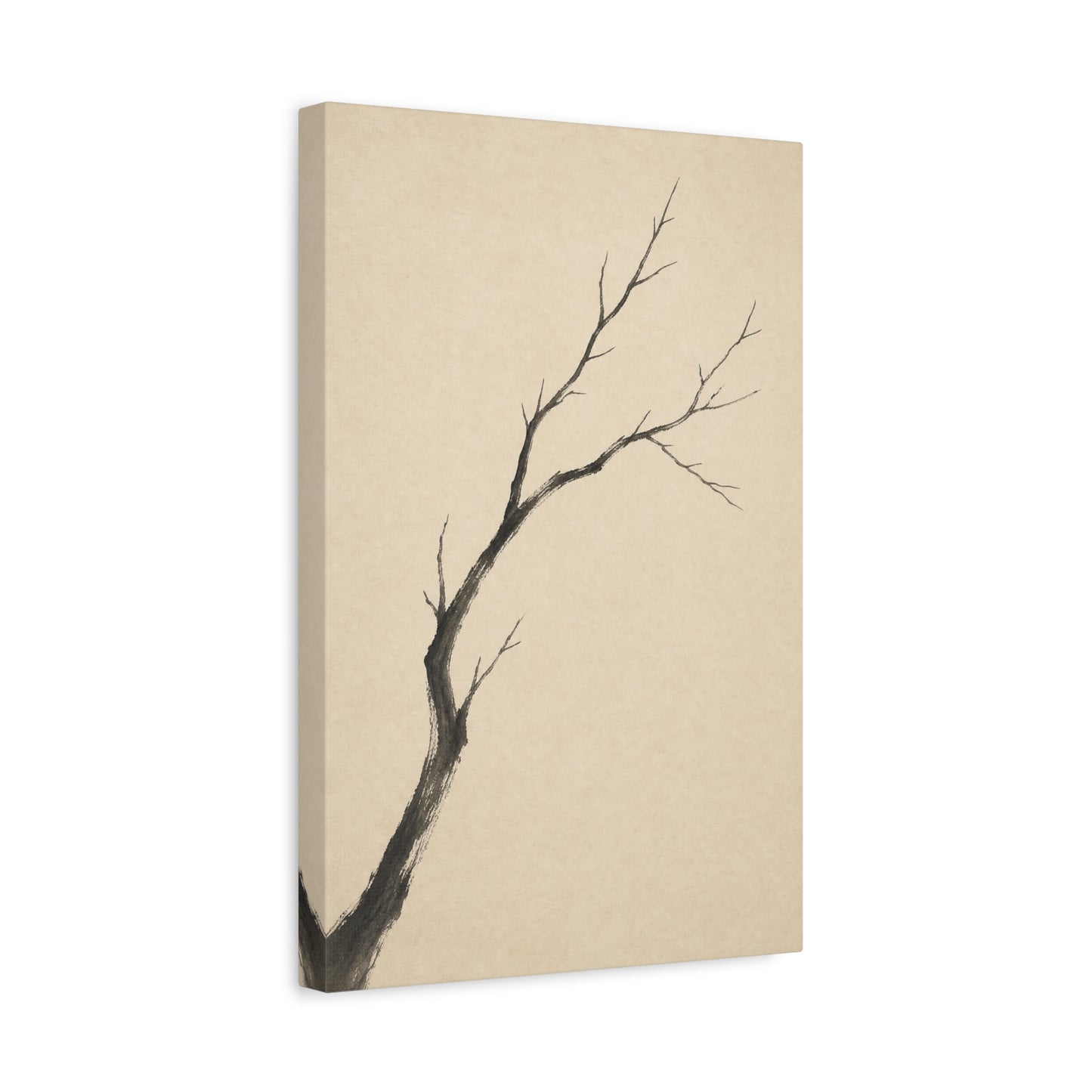 Minimalist Bare Tree Branch Canvas Wall Art - Neutral Ink Wash Botanical Print - Japanese Zen Style - Beige Black Contemporary Wall Decor For Bedroom Living Room Office Entryway - Ready to Hang