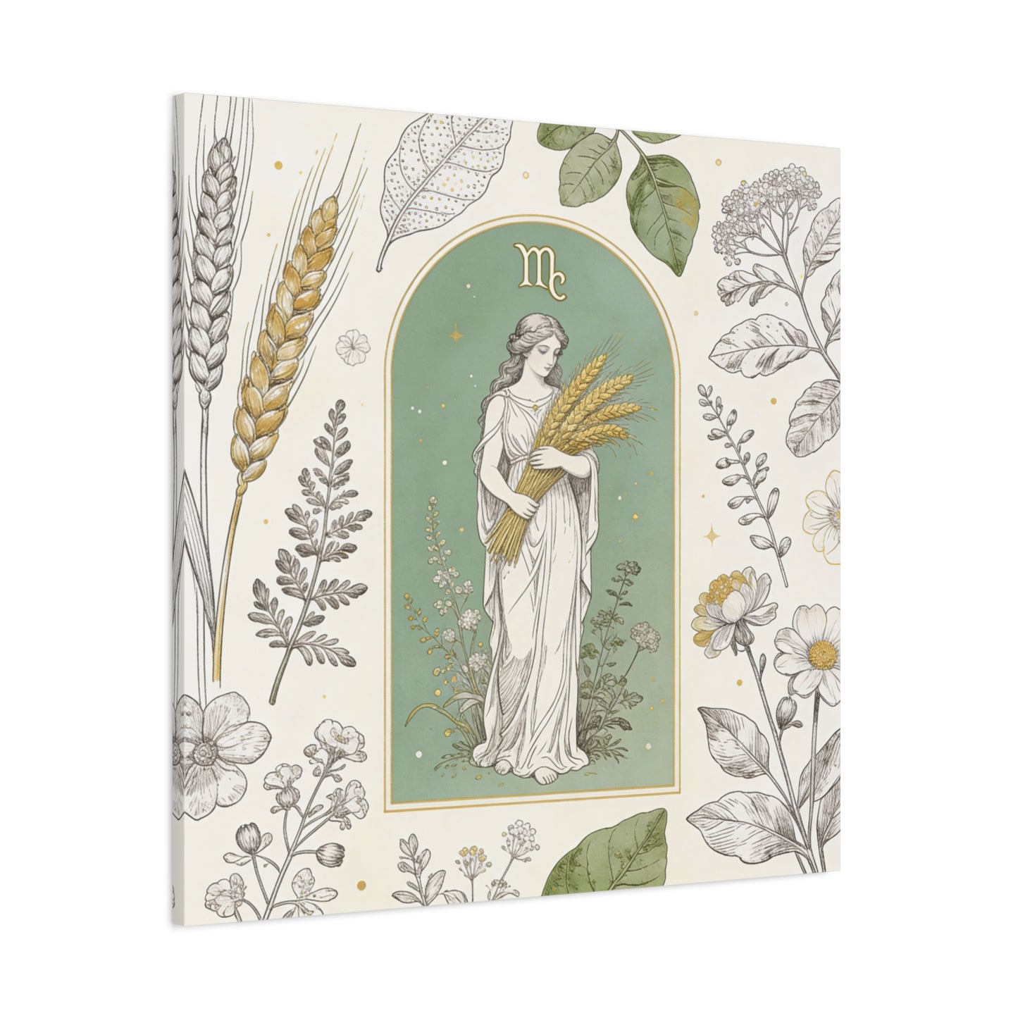 Virgo Zodiac Canvas Wall Art - Botanical Maiden Holding Wheat, Celestial Illustration - Sage Green Gold Cotton Print - Vintage Astrology Decor, Bedroom Wall Hanging Accent - Bedroom Home Decoration