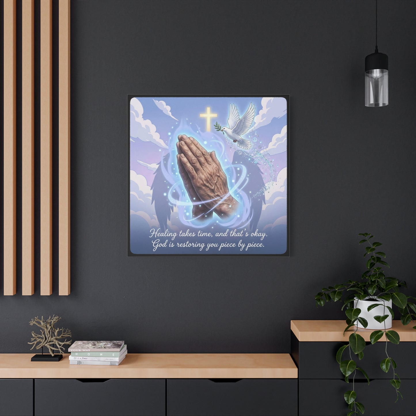 "Healing Takes Time, And That’s Okay. God Is Restoring You Piece By Piece." Christian Canvas Wall Art - Praying Hands, Dove, Cross - Faith Inspired Blue Sky Decor - Bedroom Living Room Office