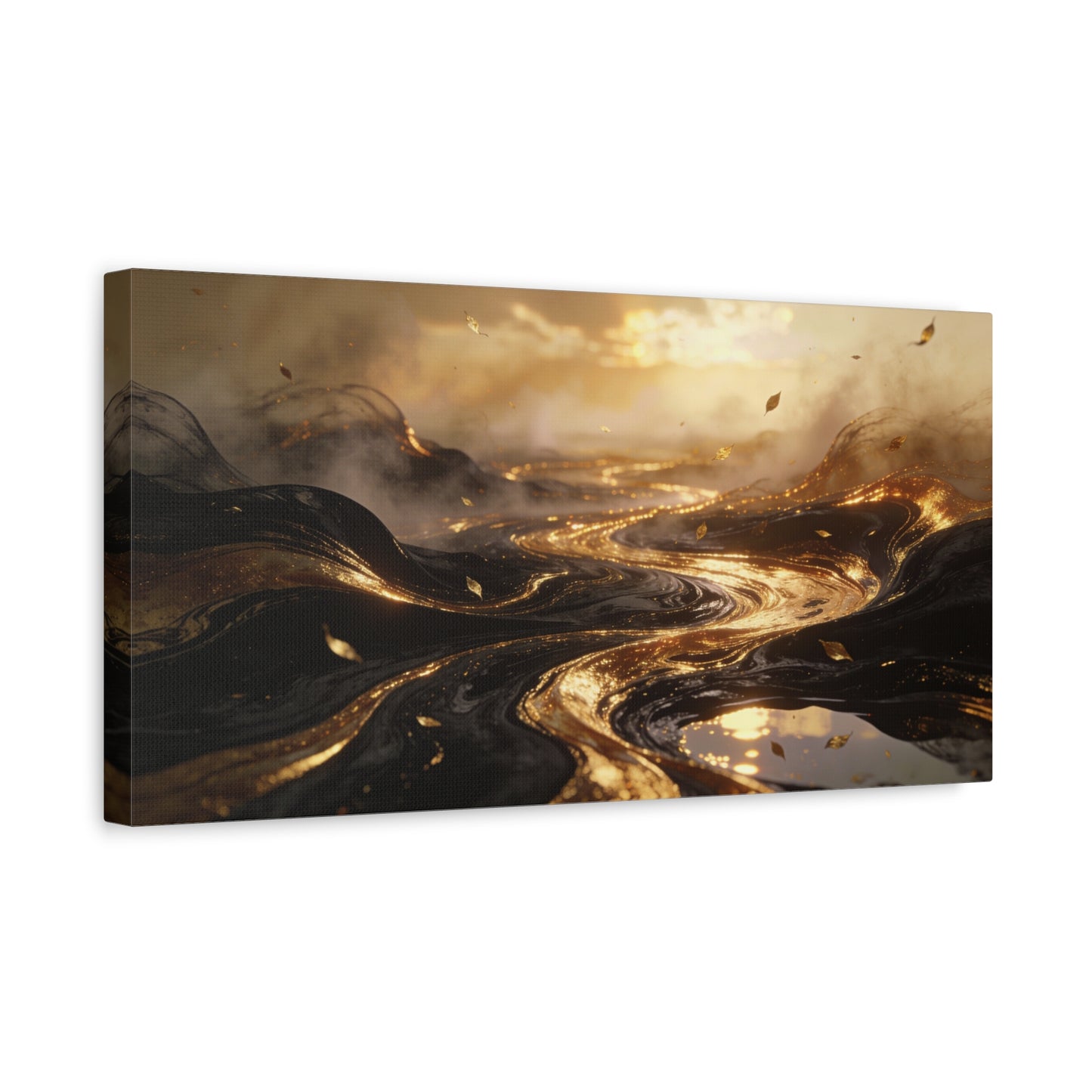 Abstract Gold River Canvas Wall Art - Luminous Flowing Landscape, capiz shells wall decor - Matte Cotton Print, Contemporary Style - Living Room Wall Decor, Bedroom Home Decoration - Ready to Hang