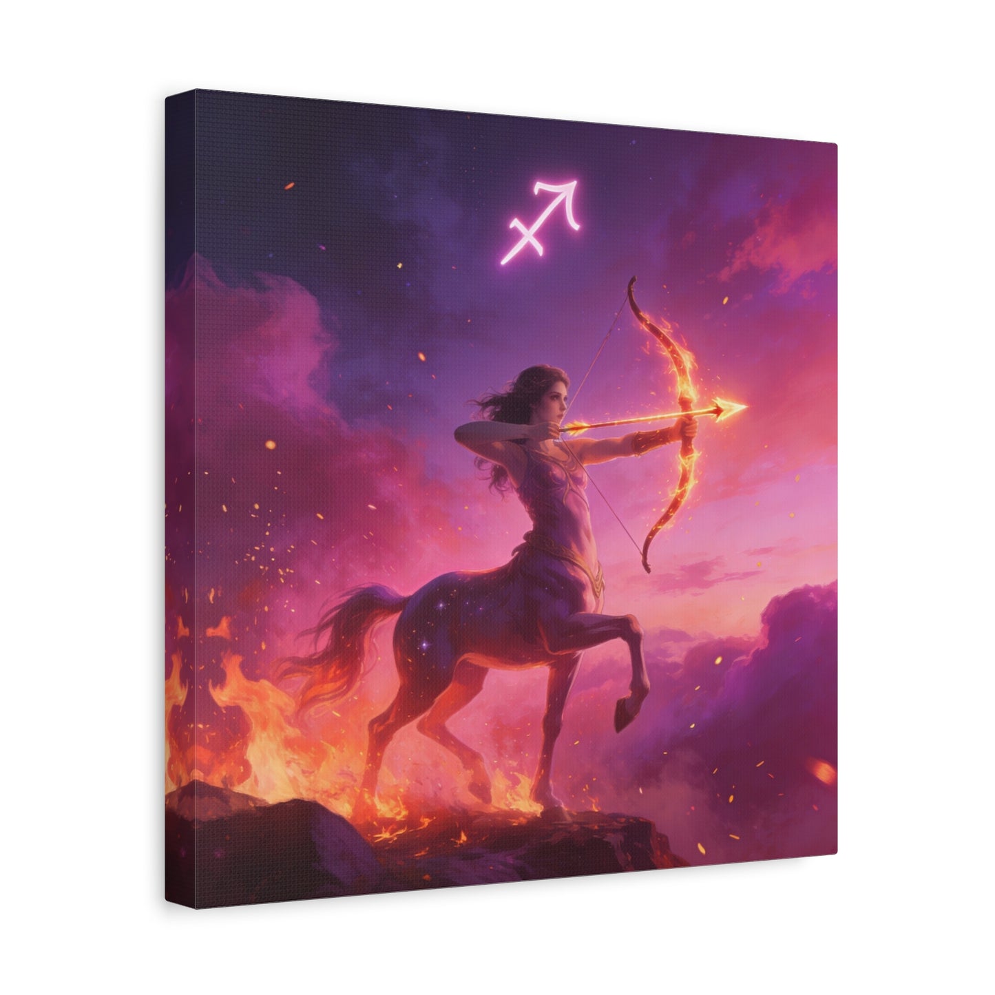 Sagittarius Centaur Archer Canvas Wall Art - Zodiac Fantasy Fire Bow Illustration - Purple Pink Matte Canvas Print - Bedroom Home Decoration, Living Room Wall Decor, Celestial Decor - Ready to Hang