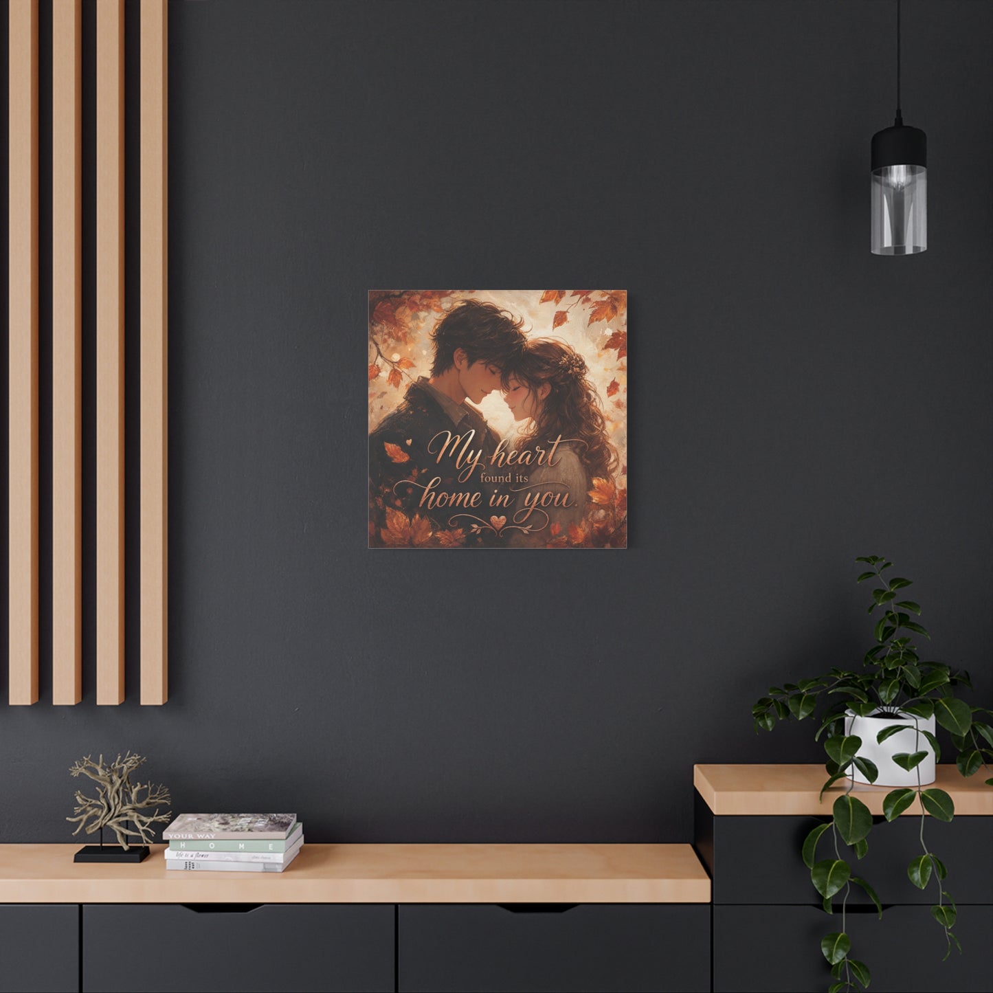 "My Heart Found Its Home In You" Romantic Couple Canvas Wall Art - Autumn Leaves Love Quote Print, Warm Rustic Traditional Style - Bedroom Wall Decor - Ready to Hang - Bedroom Home Decoration