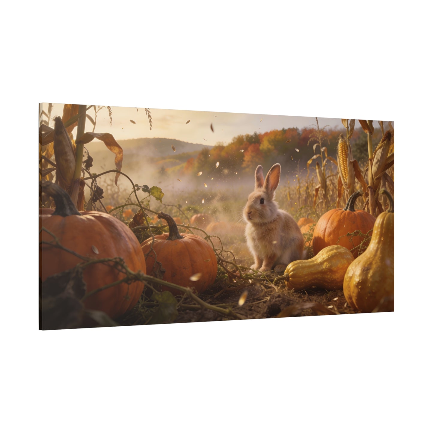 Autumn Bunny Canvas Wall Art - Rabbit In Pumpkin Patch, Golden Harvest Farm Scene - Rustic Matte Canvas Print - Bedroom Wall Decor, Living Room Home Decoration, Nursery Accent - Modern Farmhouse Style