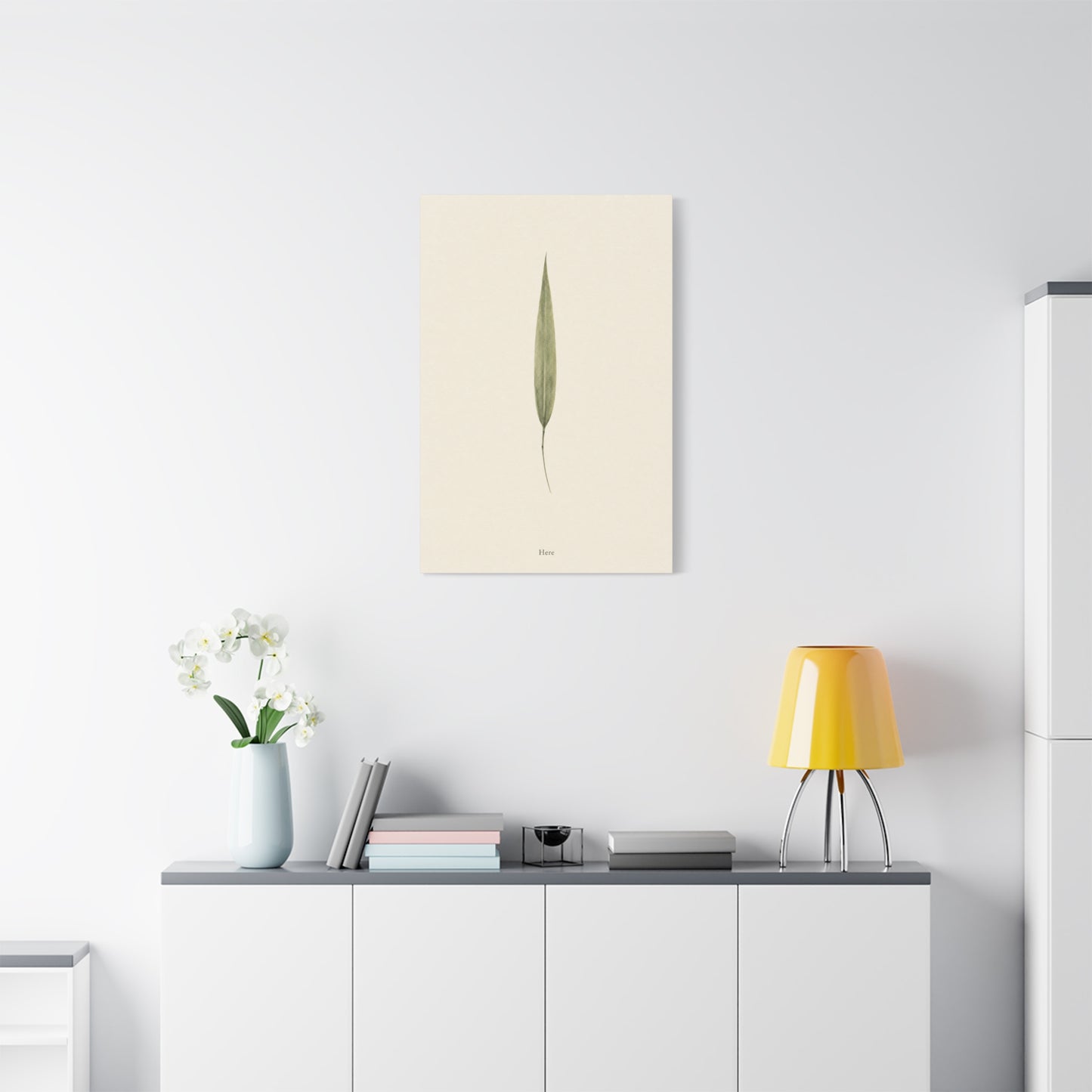 "Here" Minimalist Botanical Canvas Wall Art - Single Green Leaf Print, Neutral Contemporary Nature Decor - Cotton Art Print For Bedroom Living Room, Japandi Home Decoration - Living Room Wall Decor