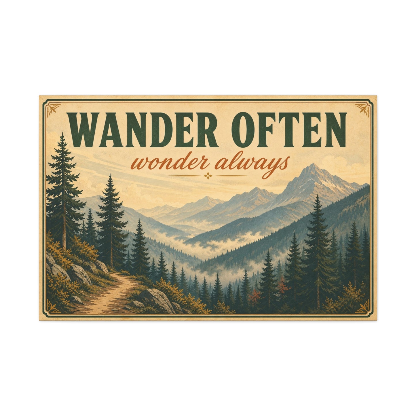 "Wander Often Wonder Always" Mountain Canvas Wall Art - Vintage Forest Landscape Quote Decor, Rustic Matte Print, Cabin Style Living Room Wall Decor, Bedroom Home Decoration - Bedroom Home Decoration
