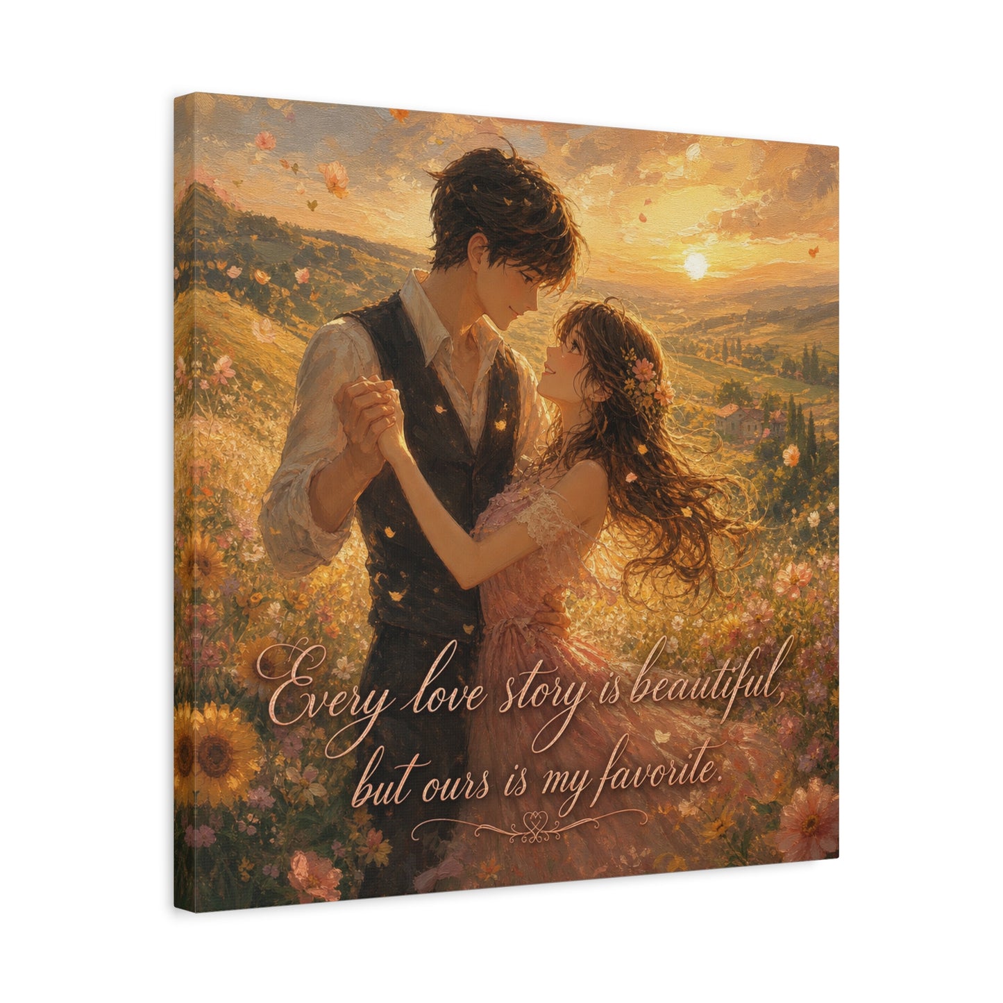 "Every Love Story Is Beautiful, But Ours Is My Favorite" Romantic Couple Canvas Wall Art - Golden Sunset Wildflower Field - Dreamy Rustic Style - Bedroom Wall Decor - Ready to Hang - Ready to Hang