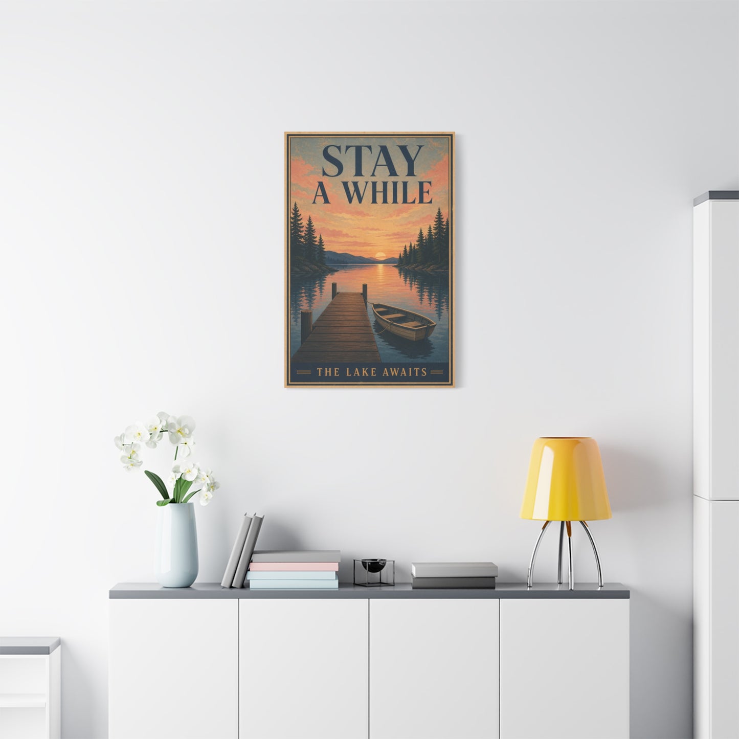 "Stay A While The Lake Awaits" Lake Sunset Canvas Wall Art - Vintage Dock And Rowboat Landscape Print, Rustic Cabin Decor, Bedroom Home Decoration, Entryway Accent - Office Wall Art - Ready to Hang