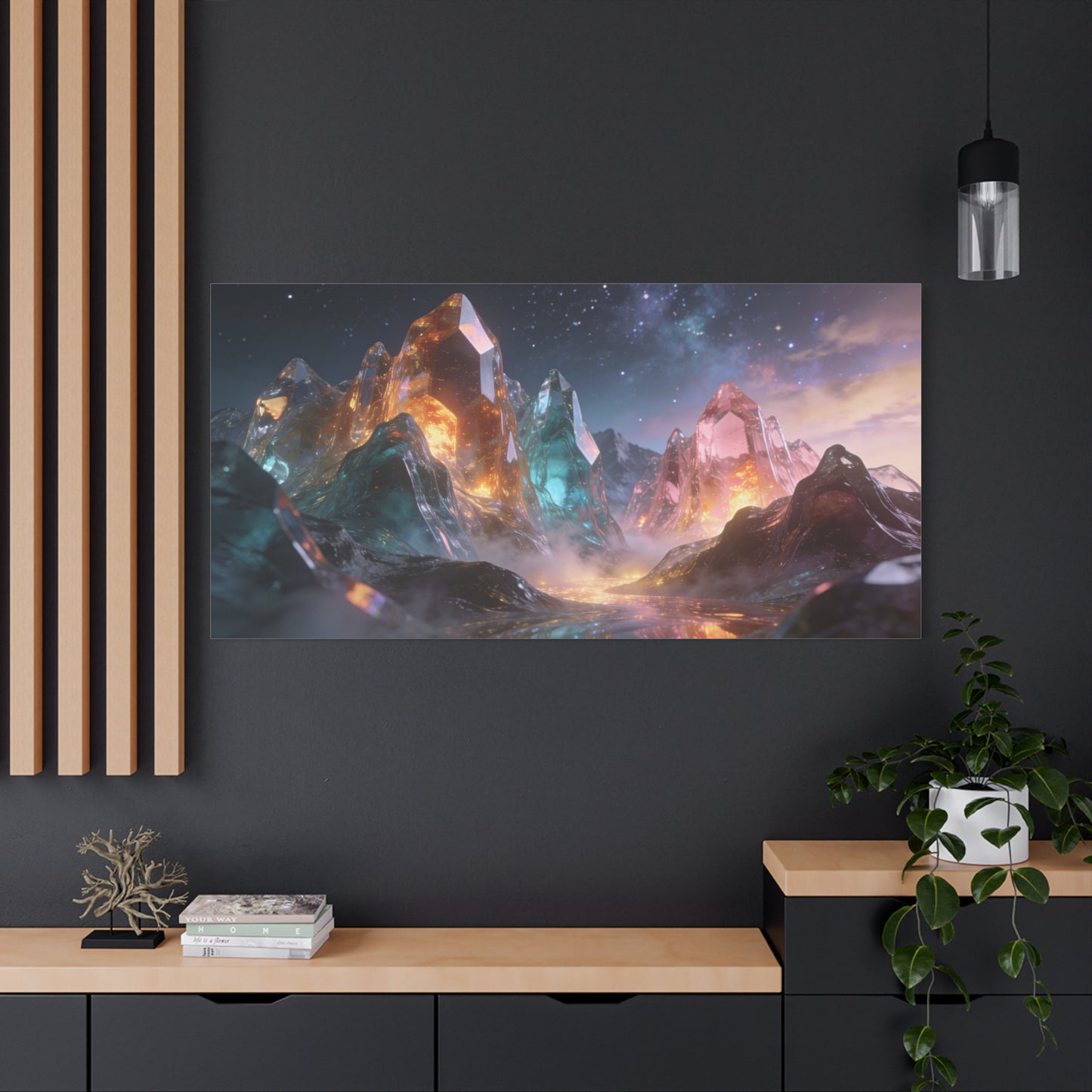 Crystal Mountain Canvas Wall Art - Surreal Glass Peaks, Luminous Cosmic Landscape - Matte Cotton Print, Contemporary Fantasy Style - Living Room Wall Decor, Bedroom Home Accent - Cozy Reading Nook Art