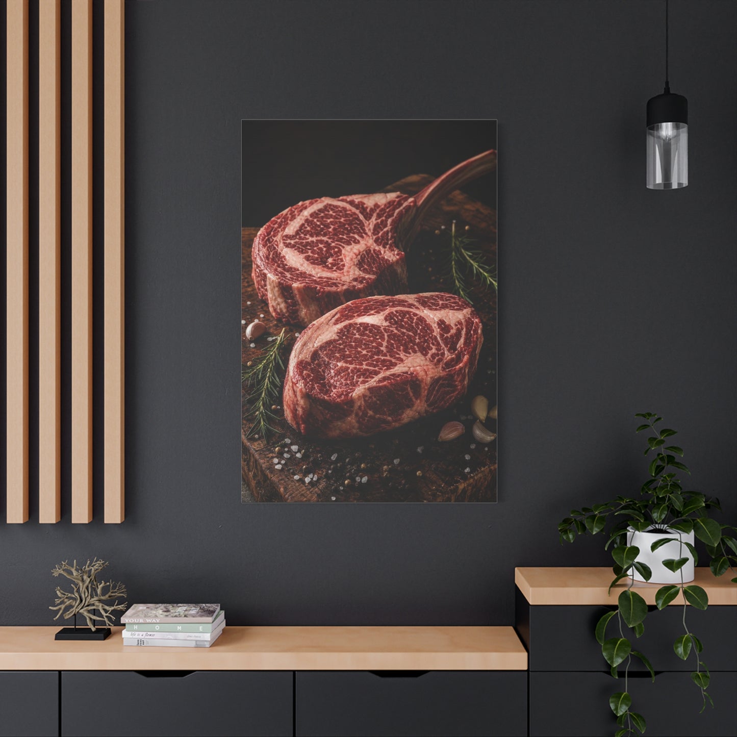 Raw Ribeye Steak Canvas Wall Art - Rustic Food Art Print, Butcherhouse Kitchen Decor, Cotton Art Print, Moody Culinary Still Life - Dining Room Accent, Restaurant Wall Decor - Modern Farmhouse Style