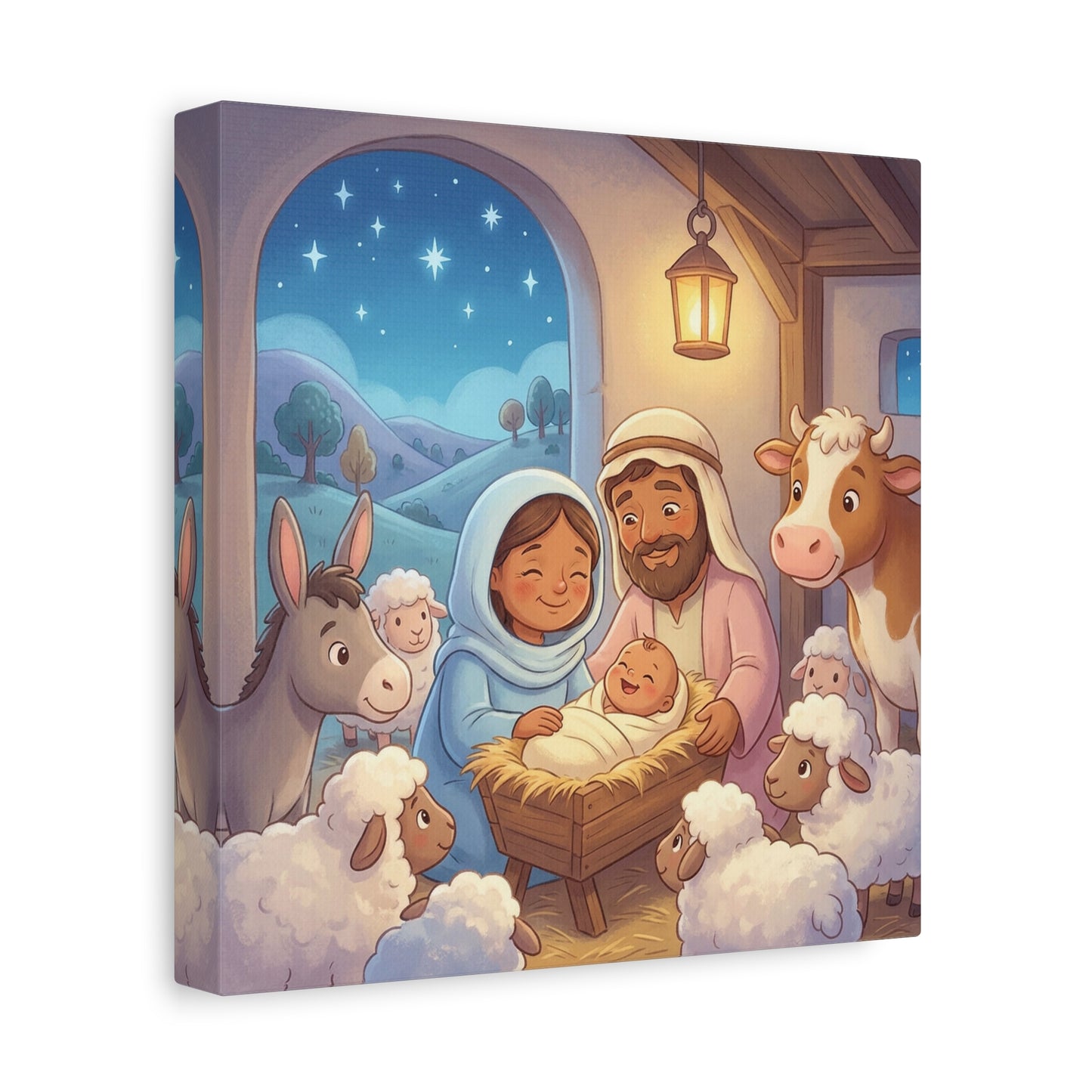 Holy Family Nativity Canvas Wall Art - Baby Jesus, Mary And Joseph Nursery Decor - Starry Stable Christian Home Decoration - Matte Canvas Print For Bedroom, Living Room - Ready to Hang - Ready to Hang