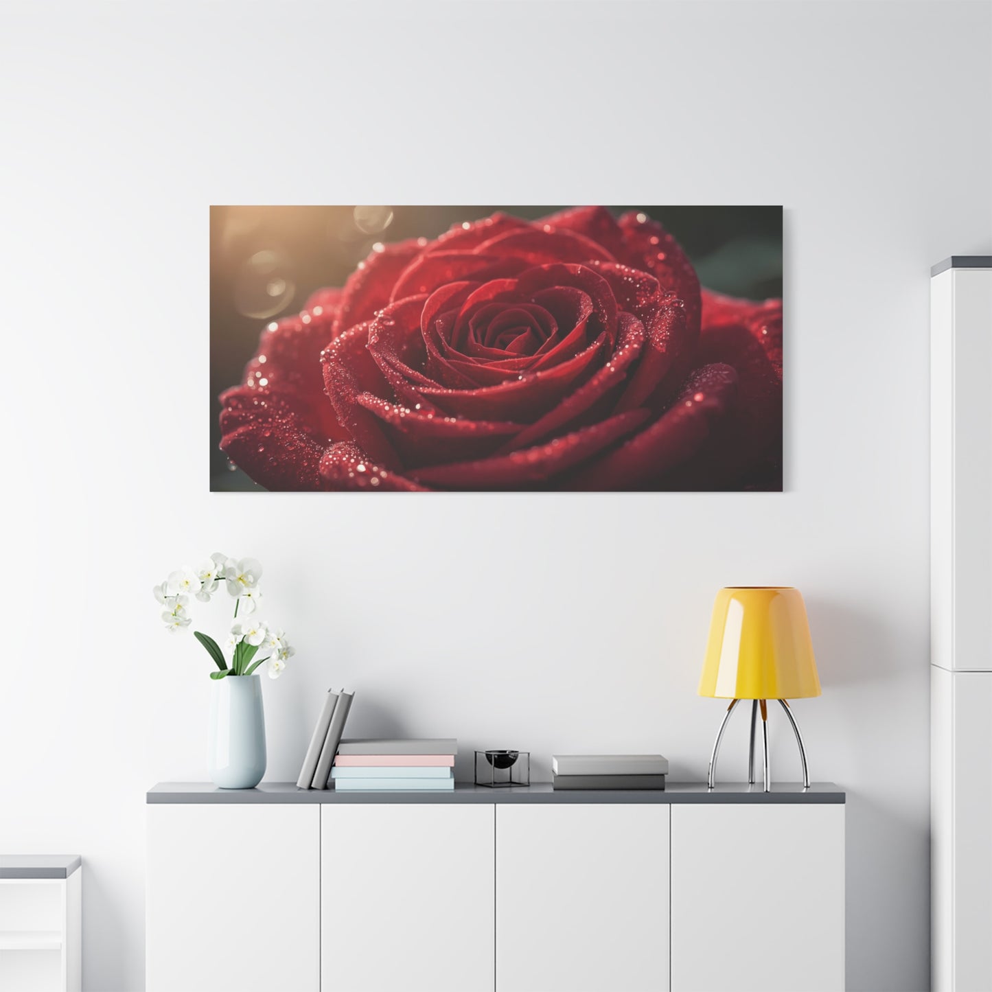 Red Rose Canvas Wall Art - Dew Kissed Floral Macro Art Print, Romantic Botanical Home Decor, Matte Finish Canvas, Bedroom Wall Accent, Living Room Decoration - Bedroom Home Decoration