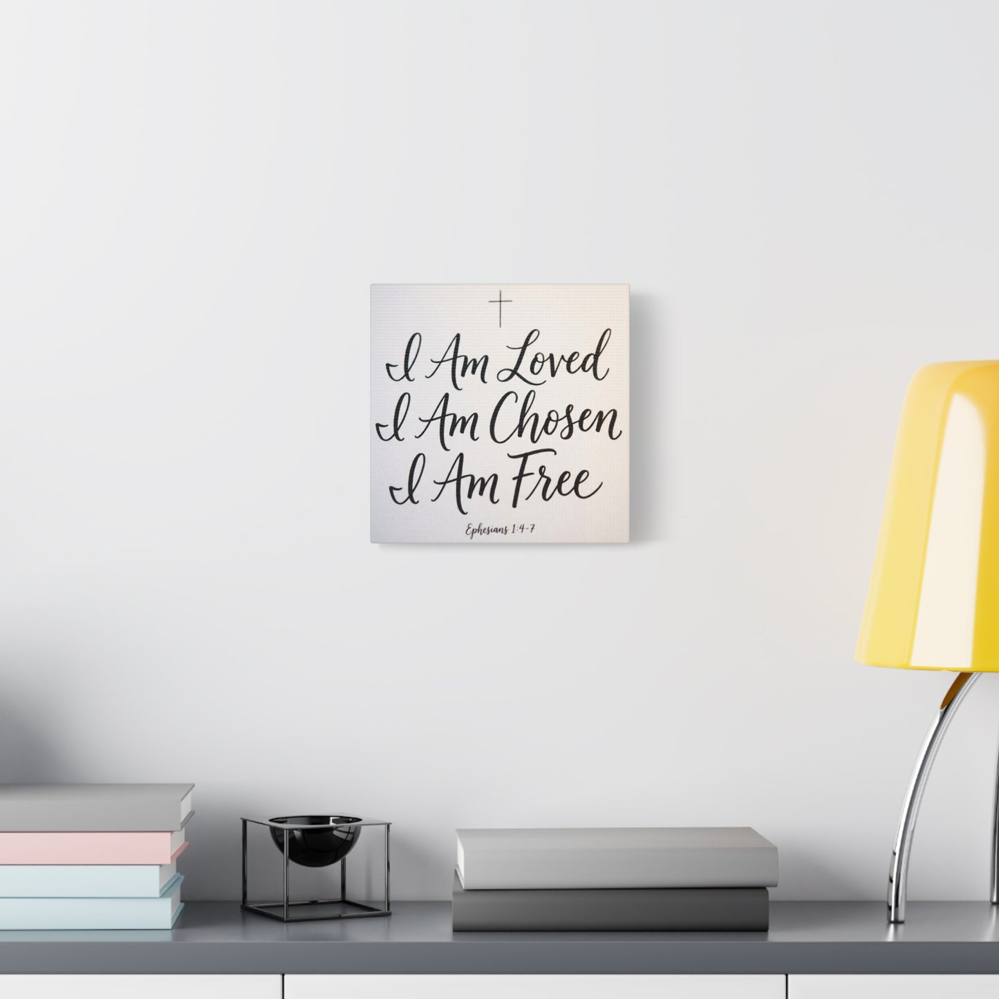 "I Am Loved, Chosen, Free" Christian Canvas Wall Art - Ephesians 1:4-7 Scripture Cross Print - Neutral Typography Decor - Bedroom Home Decoration, Living Room Wall Decor - Ready to Hang