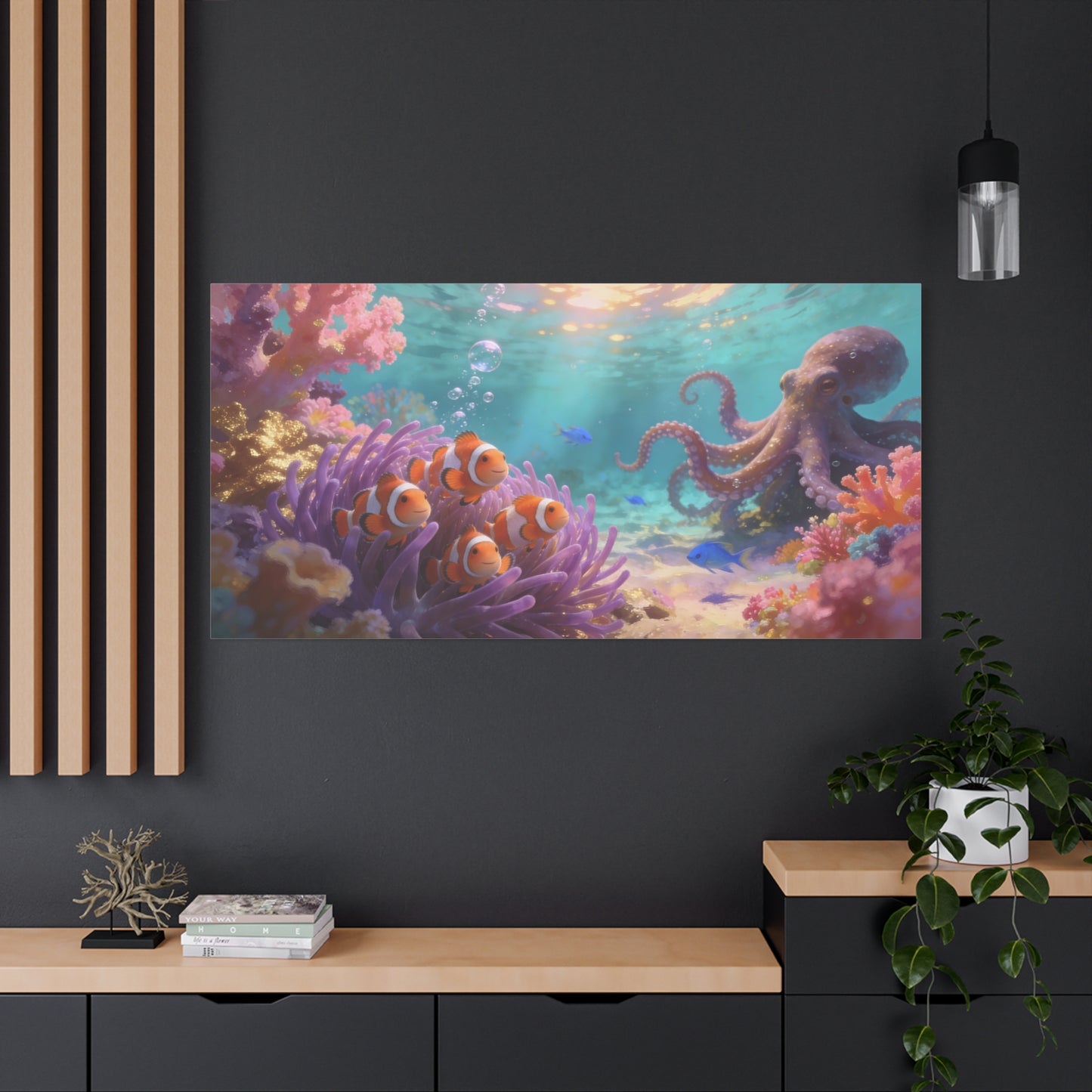 Clownfish And Octopus Canvas Wall Art - Whimsical Underwater Coral Reef Scene, Ocean Nursery Decor, Coastal Style, Matte Canvas Print, Bedroom Decoration, Playroom Accent, Office Art - Ready to Hang