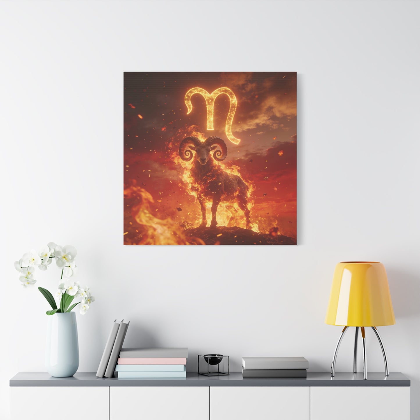 Aries Ram Canvas Wall Art - Fiery Zodiac Symbol Astrology Print, Glowing Horned Sheep Illustration - Matte Canvas Decor - Bedroom Home Decoration, Office Wall Art - Bedroom Home Decoration