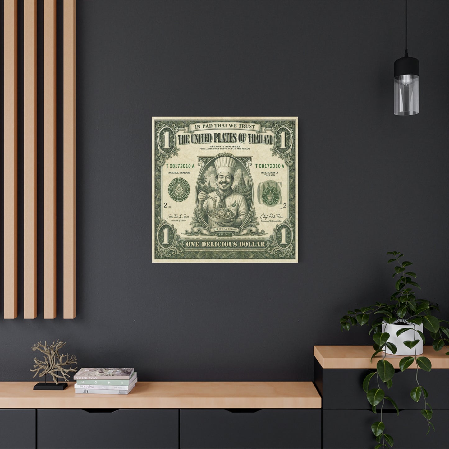 "In Pad Thai We Trust" Typography Canvas Wall Art - Vintage Thai Currency Illustration, Chef Portrait, Bangkok Thailand Food Poster Style - Kitchen Wall Decor, Dining Room Accent - Ready to Hang