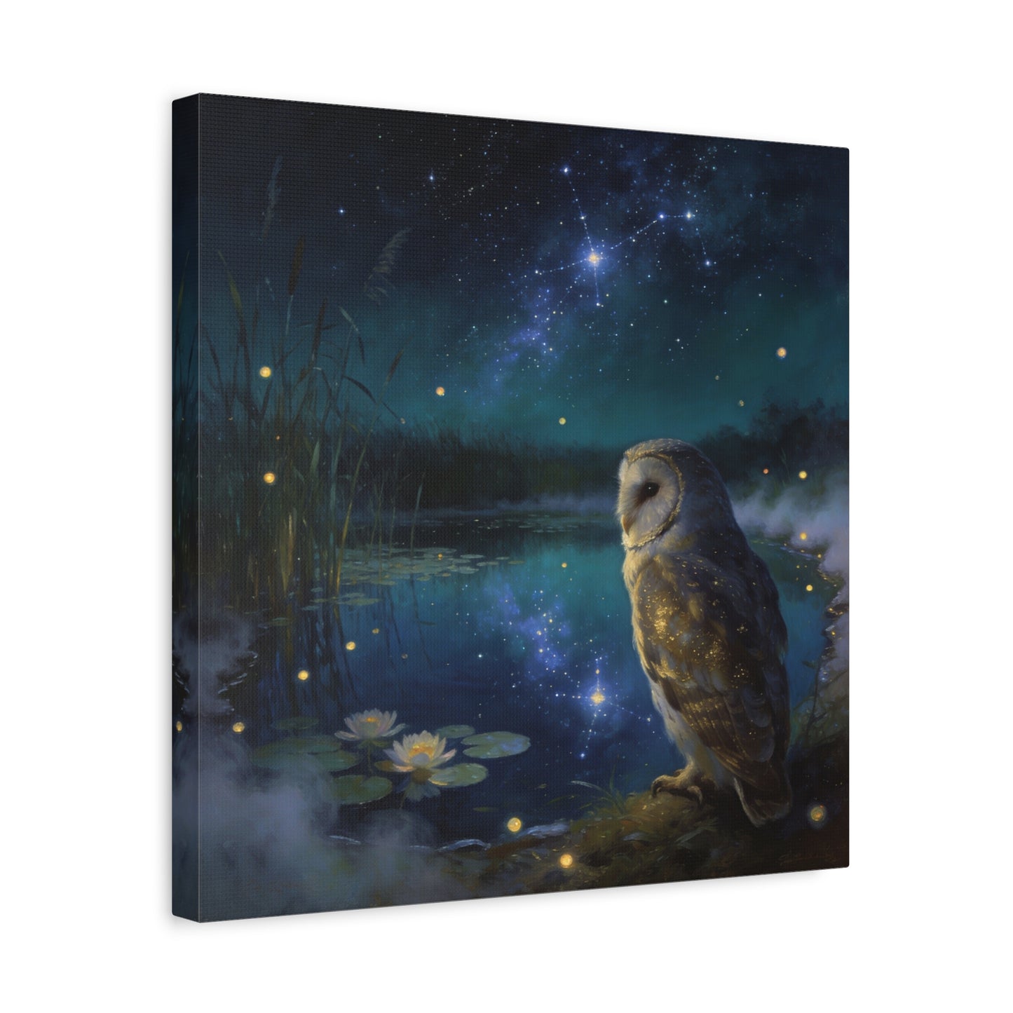 Barn Owl Canvas Wall Art - Moonlit Pond, Fireflies, Water Lilies, Starry Night Sky - Dreamy Wildlife Painting - Matte Finish Canvas Print - Bedroom Wall Decor, Nursery Accent - Bedroom Home Decoration