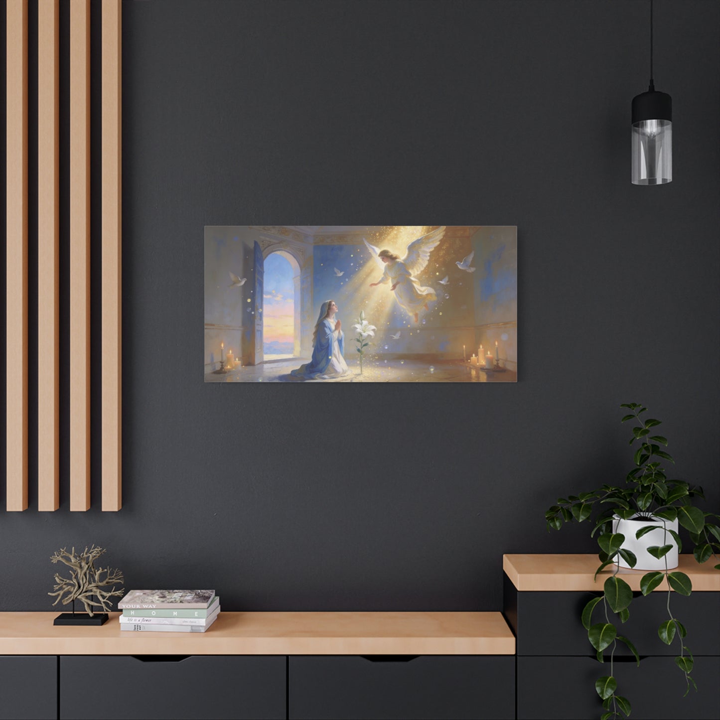 Virgin Mary Angel Canvas Wall Art - Annunciation Religious Print, White Lily, Doves, Golden Light - Traditional Matte Canvas - Bedroom Christian Wall Decor, Meditation Space - Bedroom Home Decoration