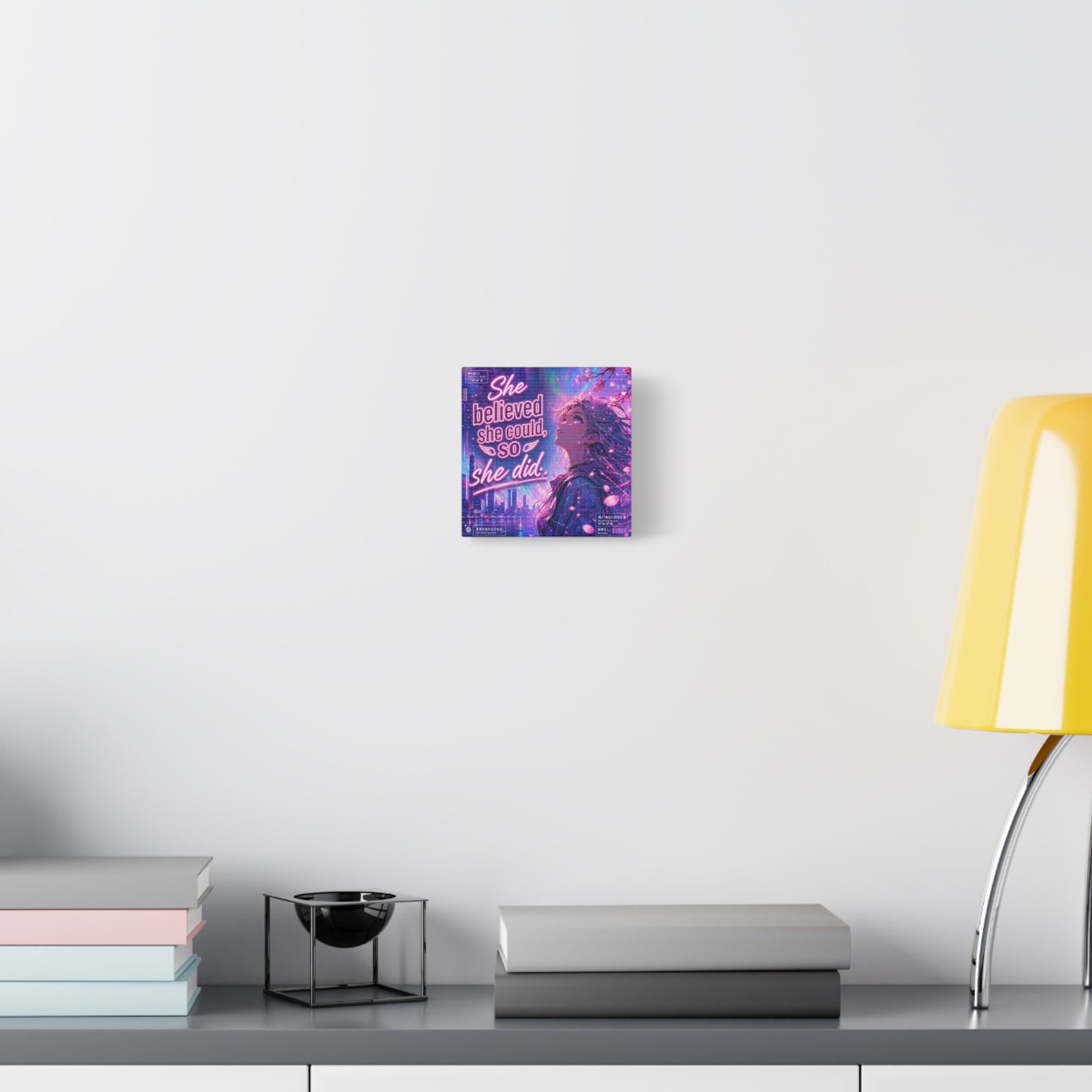 "She Believed She Could, So She Did" Anime Girl Canvas Wall Art - Neon Sakura Cityscape, Inspirational Typography Print - Contemporary Bedroom Wall Decor, Teenager Room Decor - Bedroom Home Decoration