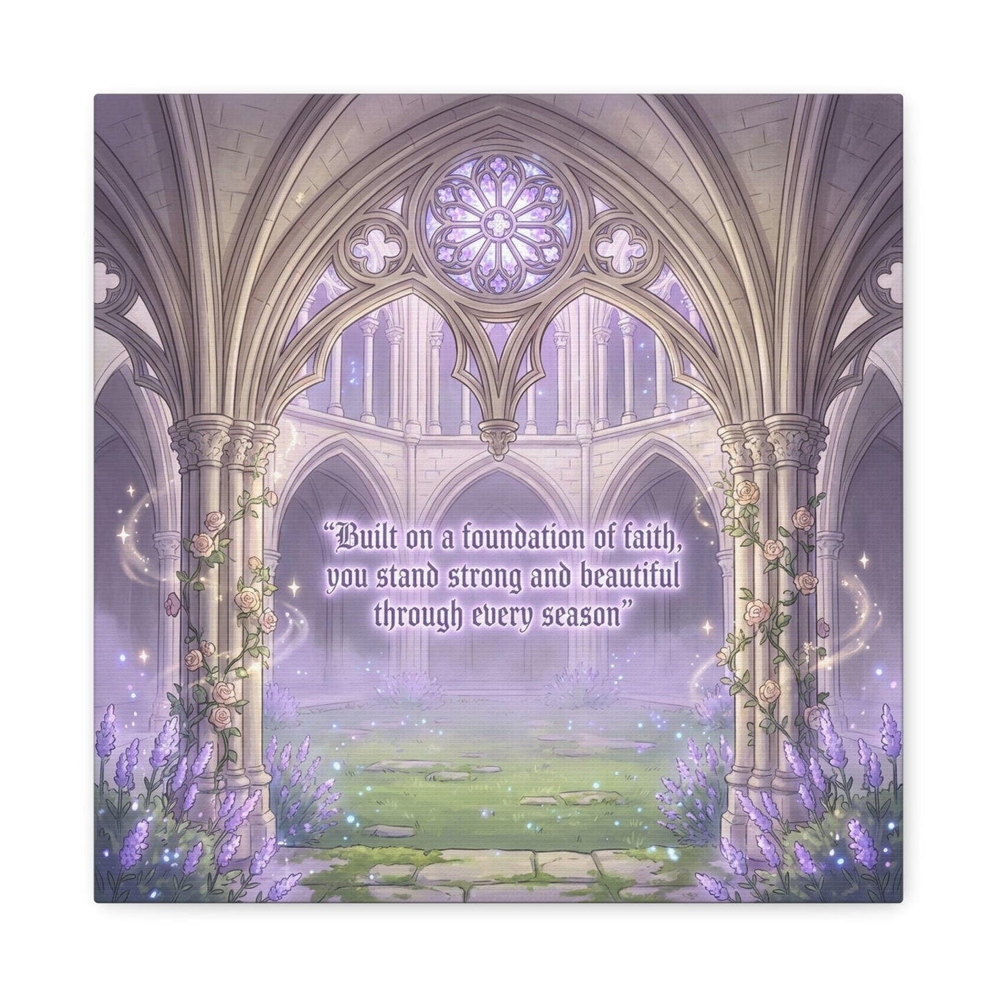 "Built On A Foundation Of Faith, You Stand Strong And Beautiful Through Every Season" Canvas Wall Art - Gothic Cathedral Arch Quote Print - Lavender Floral Decor For Bedroom Living Room