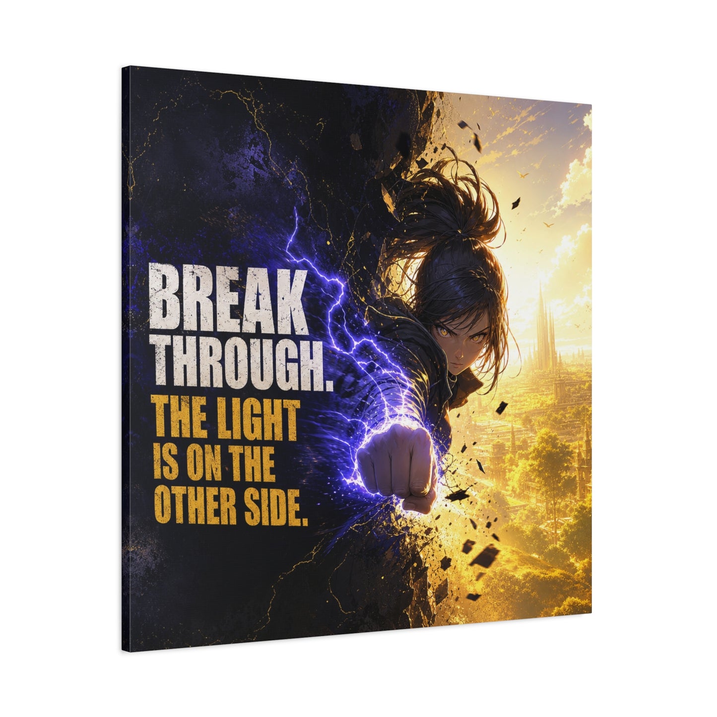 "Break Through. The Light Is On The Other Side." Anime Canvas Wall Art - Motivational Fantasy Girl Poster Print, Dramatic Gold Lightning, Contemporary Bedroom Decor, Teen Room Accent - Office Wall Art