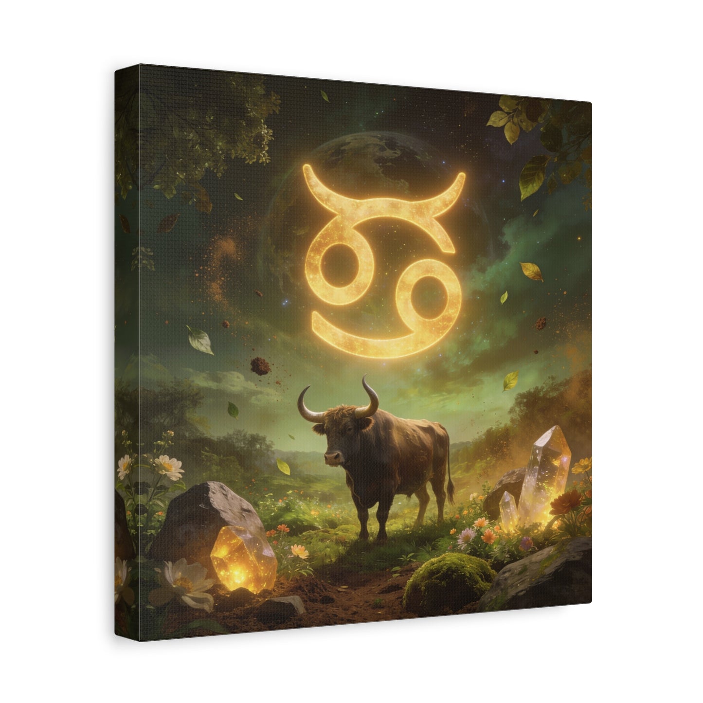 Cancer Zodiac Canvas Wall Art - Glowing Astrology Symbol, Bull And Crystal Fantasy Scene - Celestial Green Gold Illustration - Bedroom Home Decoration, Meditation Space Accent - Living Room Wall Decor