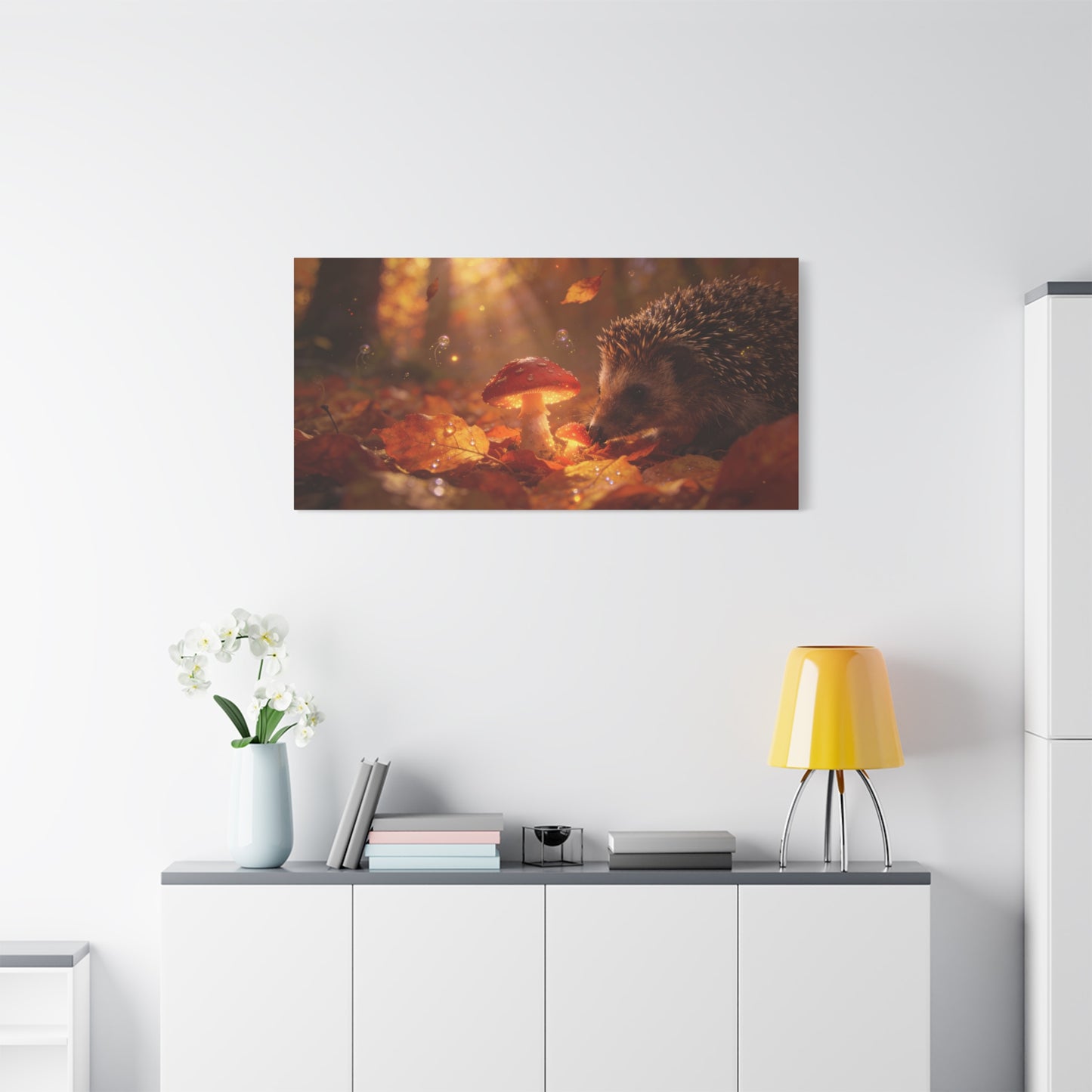 Hedgehog Mushroom Canvas Wall Art - Autumn Forest Wildlife Canvas Print, Glowing Red Toadstool, Warm Golden Light, Whimsical Nature Decor, Living Room Wall Decor, Bedroom Accent - Ready to Hang