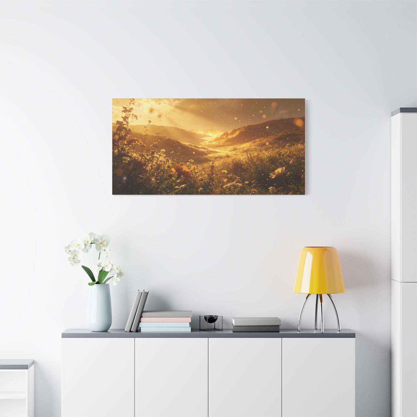 Golden Wildflower Valley Canvas Wall Art - Sunlit Meadow Landscape Print, Warm Rustic Contemporary Decor - Matte Cotton Artwork For Living Room, Bedroom Decoration, Office Accent - Office Wall Art
