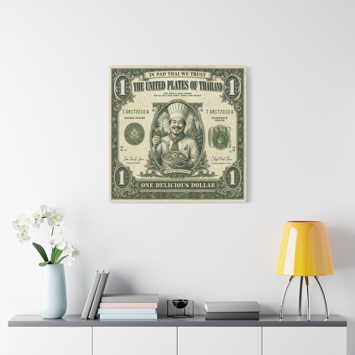 "In Pad Thai We Trust" Typography Canvas Wall Art - Vintage Thai Currency Illustration, Chef Portrait, Bangkok Thailand Food Poster Style - Kitchen Wall Decor, Dining Room Accent - Ready to Hang