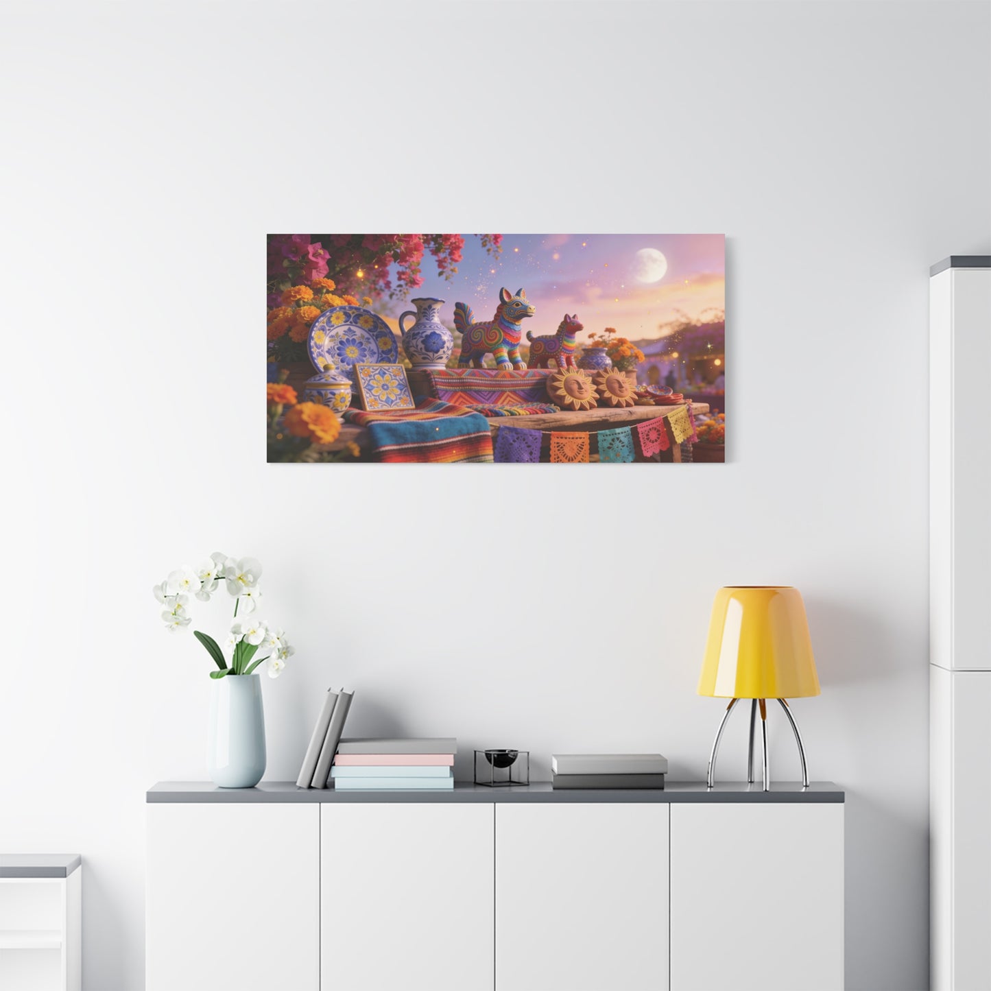 Talavera Pottery Folk Art Canvas Wall Art - Colorful Mexican Table Still Life, Moonlit Fiesta Decor - Matte Cotton Print - Bohemian Living Room Wall Decor, Dining Room Accent - Bedroom Home Decoration