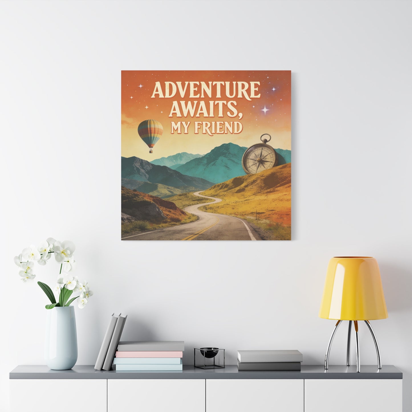 "Adventure Awaits, My Friend" Inspirational Canvas Art Print - Mountain Road, Hot Air Balloon, Compass - Vintage Travel Style, Office Decor, Workspace Accent, Lobby Display, Motivational Art