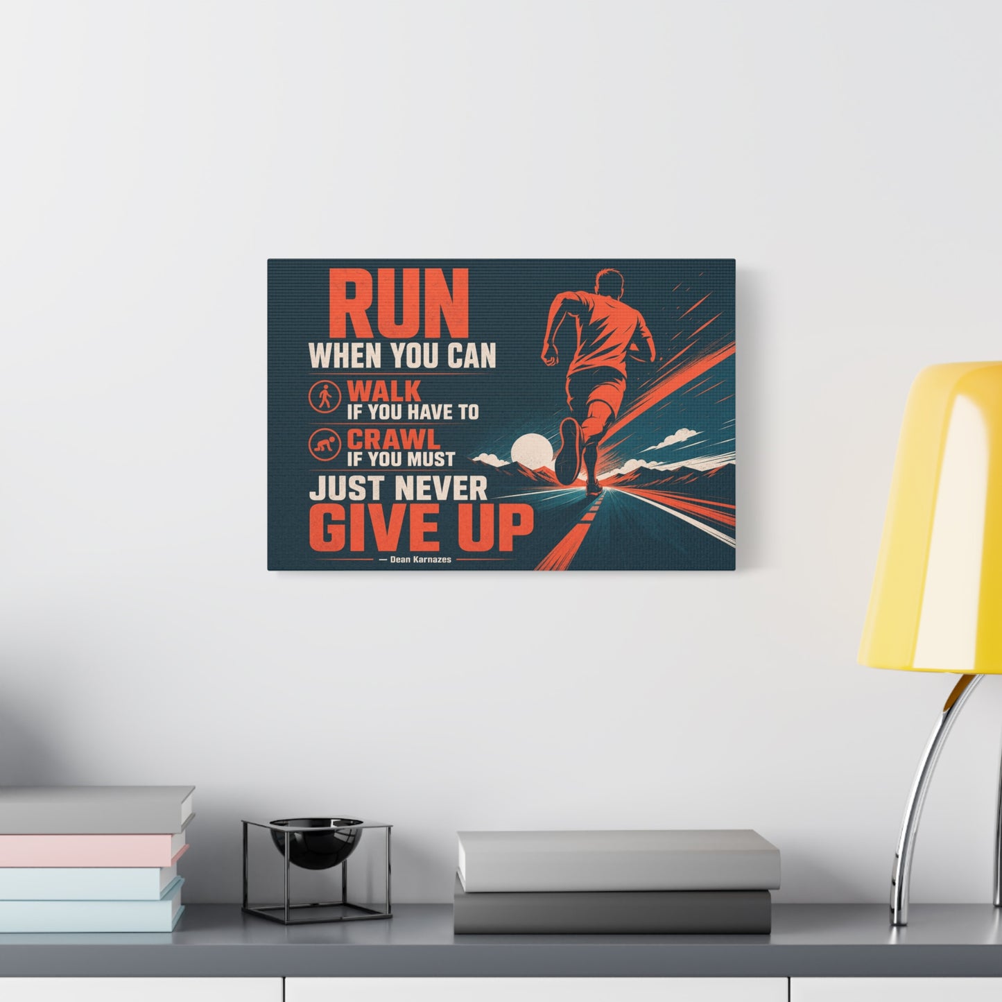 "Run When Able Walk If Needed Crawl If Required Just Never Give Up" Motivational Canvas Wall Art - Runner Road Quote Print, Retro Typography, Gym Wall Hanging - Ready to Hang - Fitness Studio Art