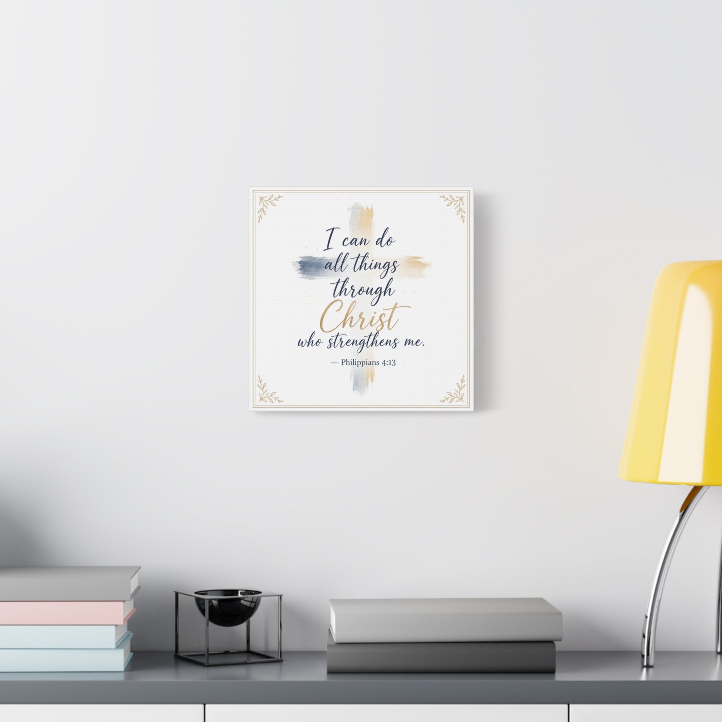 "I Can Do All Things Through Christ Who Strengthens Me. - Philippians 4:13" Christian Canvas Wall Art - Blue And Gold Scripture Quote Print - Traditional Typography - Bedroom Decor - Office Wall Art