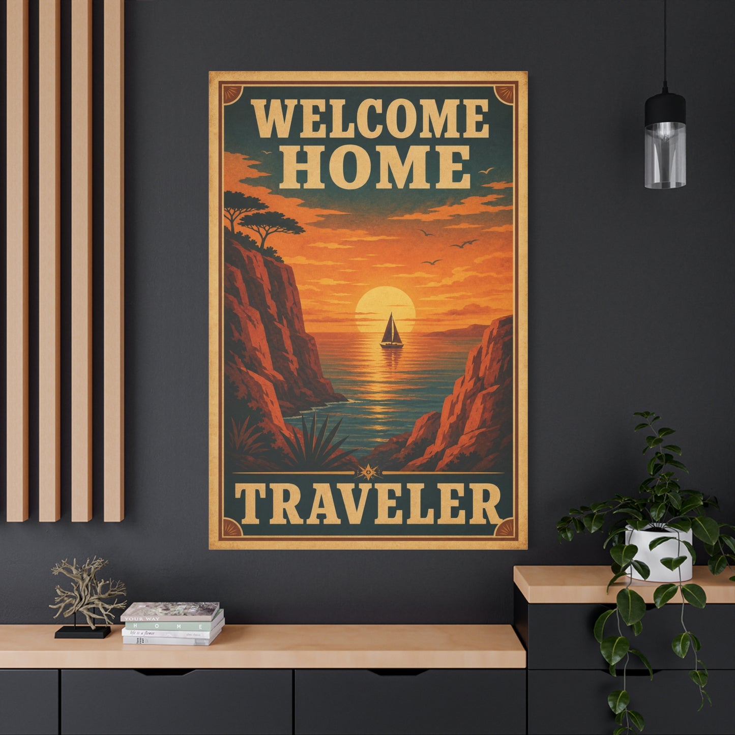"Welcome Home Traveler" Vintage Coastal Canvas Wall Art - Sunset Sailboat Seascape Print - Retro Travel Poster Style - Living Room Wall Decor, Hallway Home Decoration - Modern Farmhouse Style