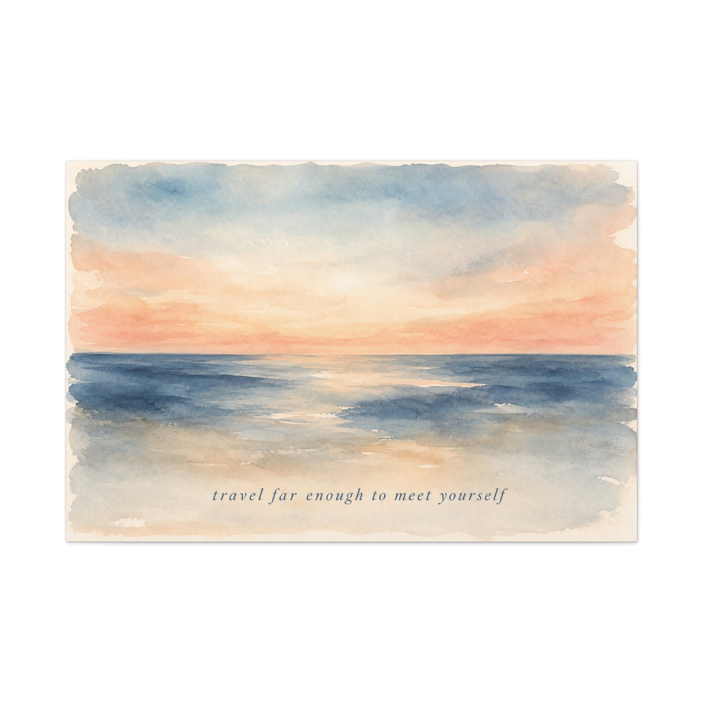 "Travel Far Enough To Meet Yourself" Coastal Canvas Wall Art - Watercolor Ocean Sunset Quote Print - Serene Beach Seascape Decor - Bedroom Living Room Wall Decor - Bedroom Home Decoration