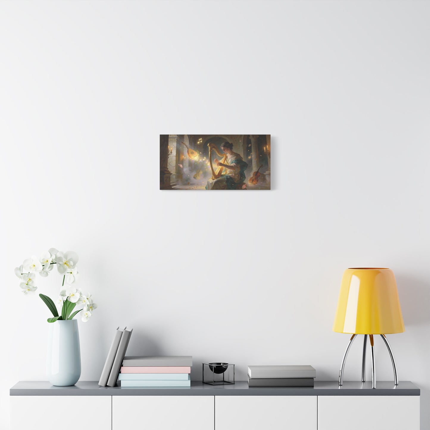 Woman Playing Harp Canvas Wall Art - Romantic Music Painting, Glowing Notes, Violin And Lute - Matte Cotton Print - Traditional Style, Living Room Wall Decor, Bedroom Accent - Bedroom Home Decoration