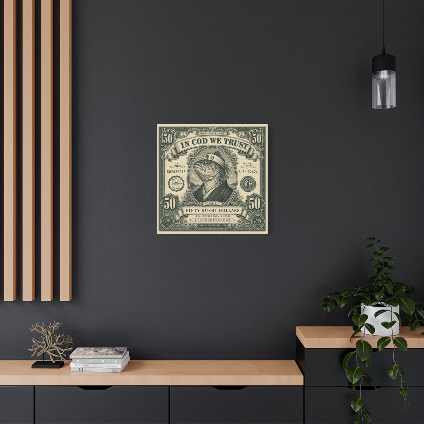 "In Cod We Trust" Sushi Restaurant Canvas Wall Art - Vintage Money Bill Fish Illustration, Typography Poster Style, Cotton Canvas Print, Cafe Decor, Dining Room Accent, Office Art - Ready to Hang