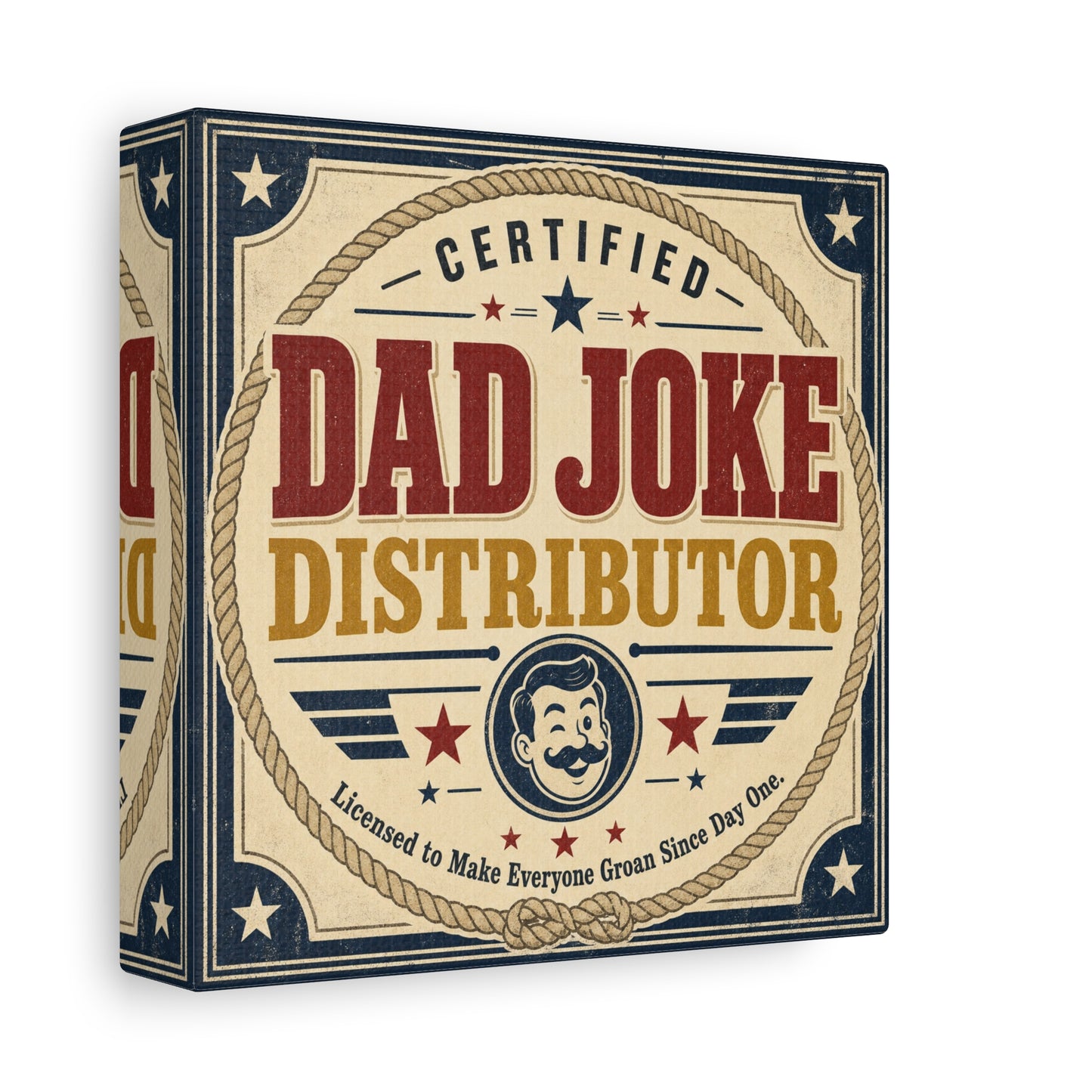 "Dad Joke Distributor" Funny Canvas Wall Art - Vintage Typography Humor Print, Retro Patriotic Stars And Mustache Illustration - Farmhouse Office Decor, Man Cave Wall Hanging - Bedroom Home Decoration
