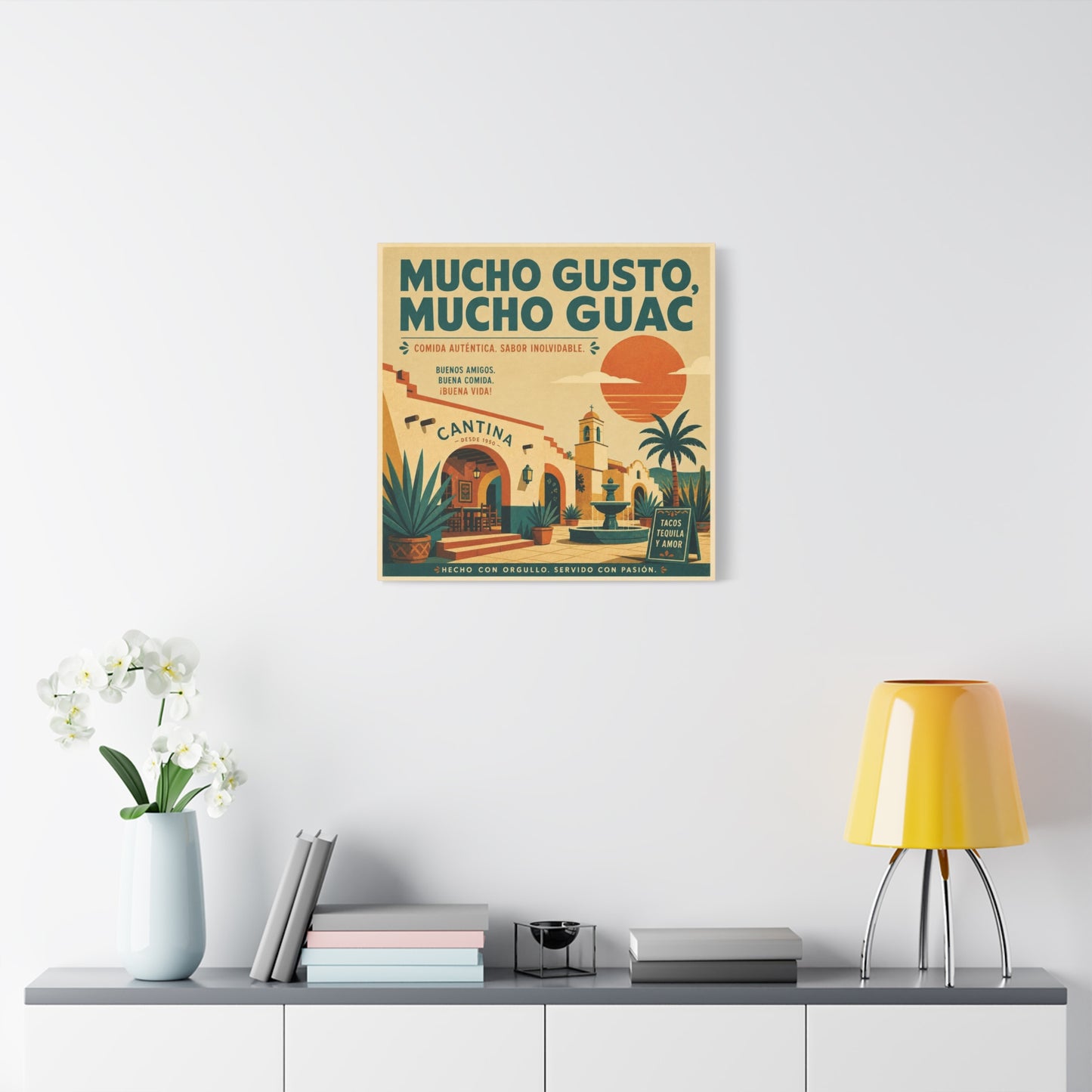 "Mucho Gusto, Mucho Guac" Cantina Canvas Wall Art - Mexican Restaurant Typography Print, Vintage Desert Courtyard Illustration, Cafe Wall Decor, Tequila Bar Sign, Workspace Accent - Ready to Hang