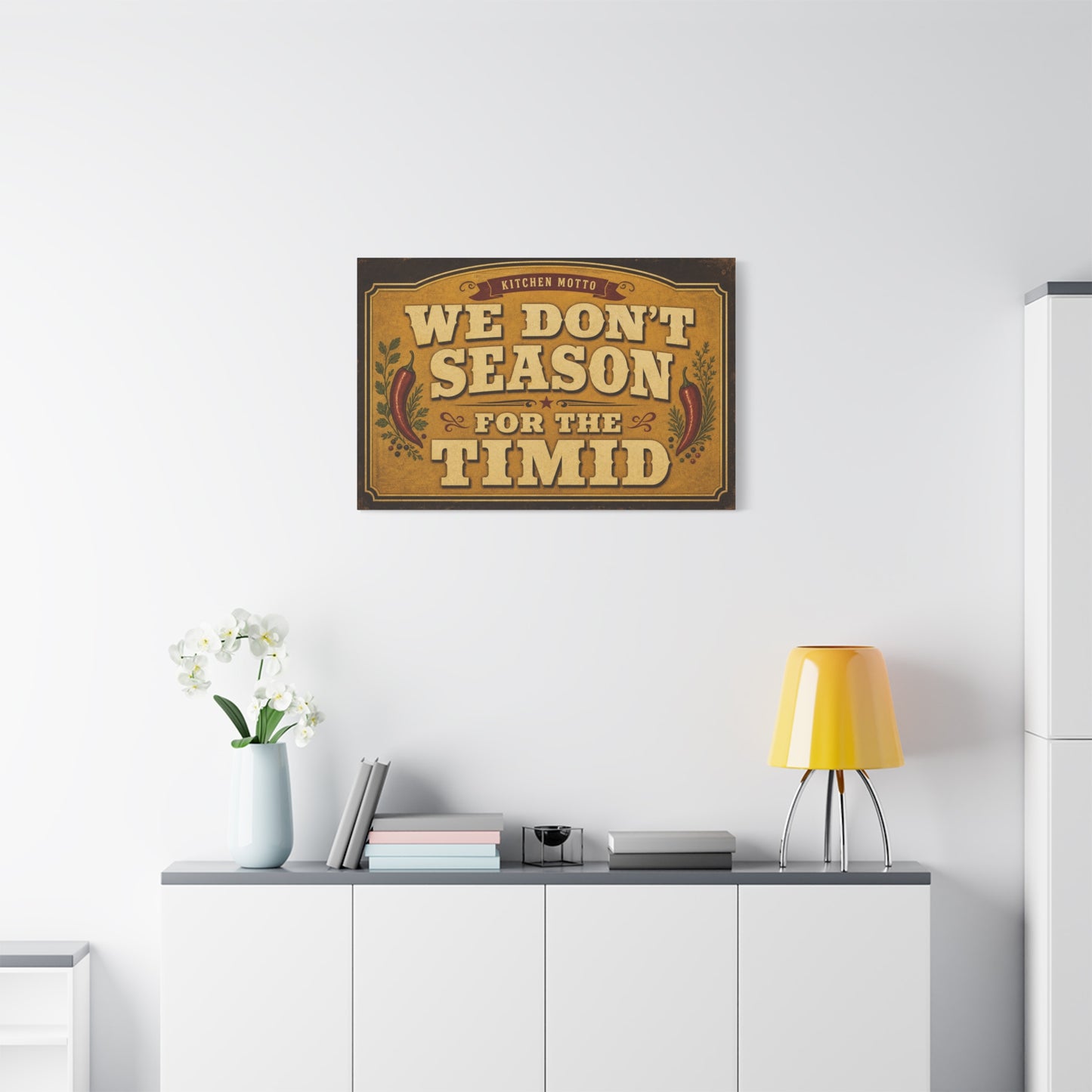 "Kitchen Motto We Don't Season For The Timid" Canvas Wall Art - Vintage Typography Chili Pepper Kitchen Decor - Rustic Farmhouse Home Decoration - Living Room Wall Decor - Bedroom Home Decoration