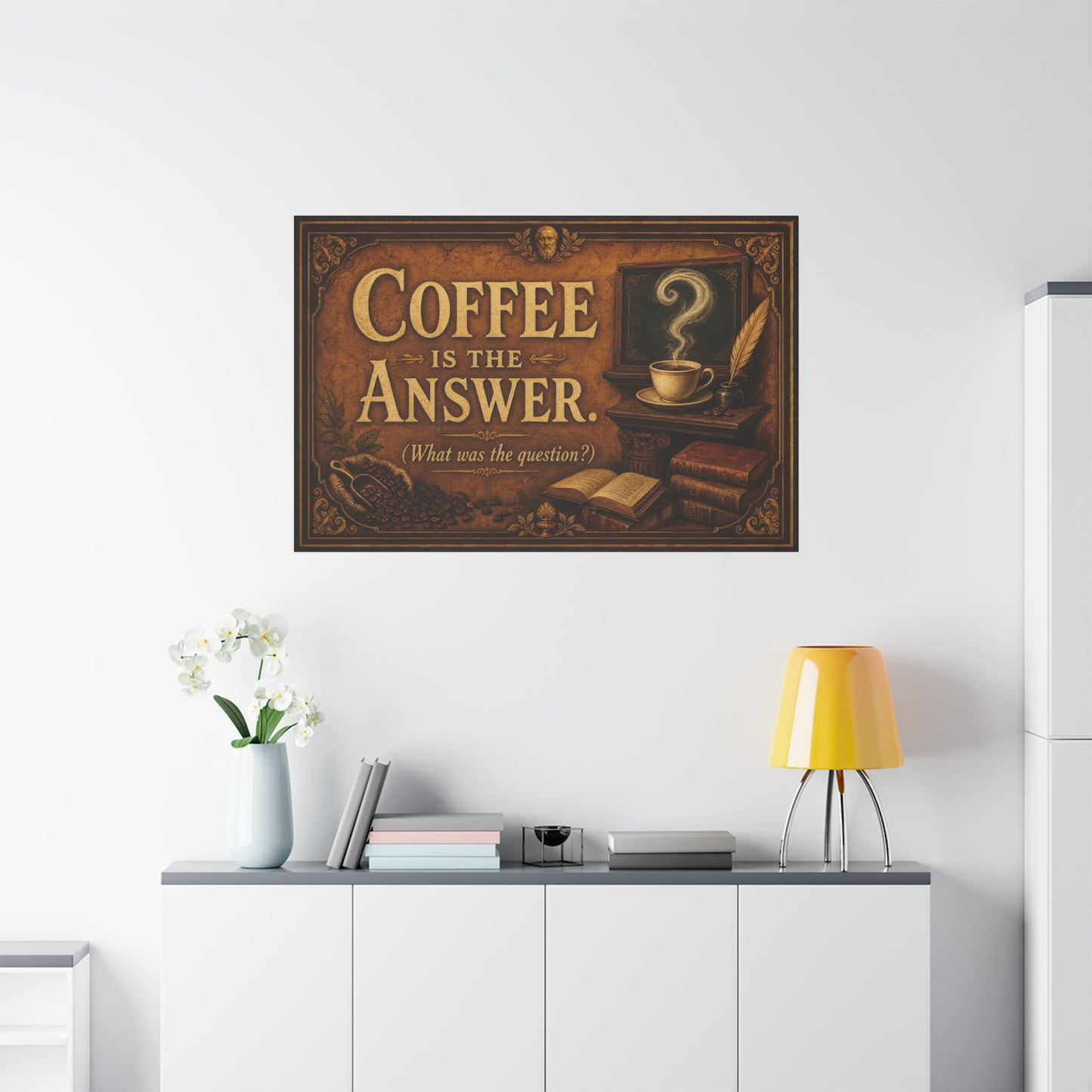 Coffee Is The Answer. What Was The Question Canvas Wall Art - Vintage Coffee Cup, Books, Bean Sack Decor - Rustic Typography Print - Cafe Interior, Study Room Decoration - Cafe Wall Art - Bistro Decor