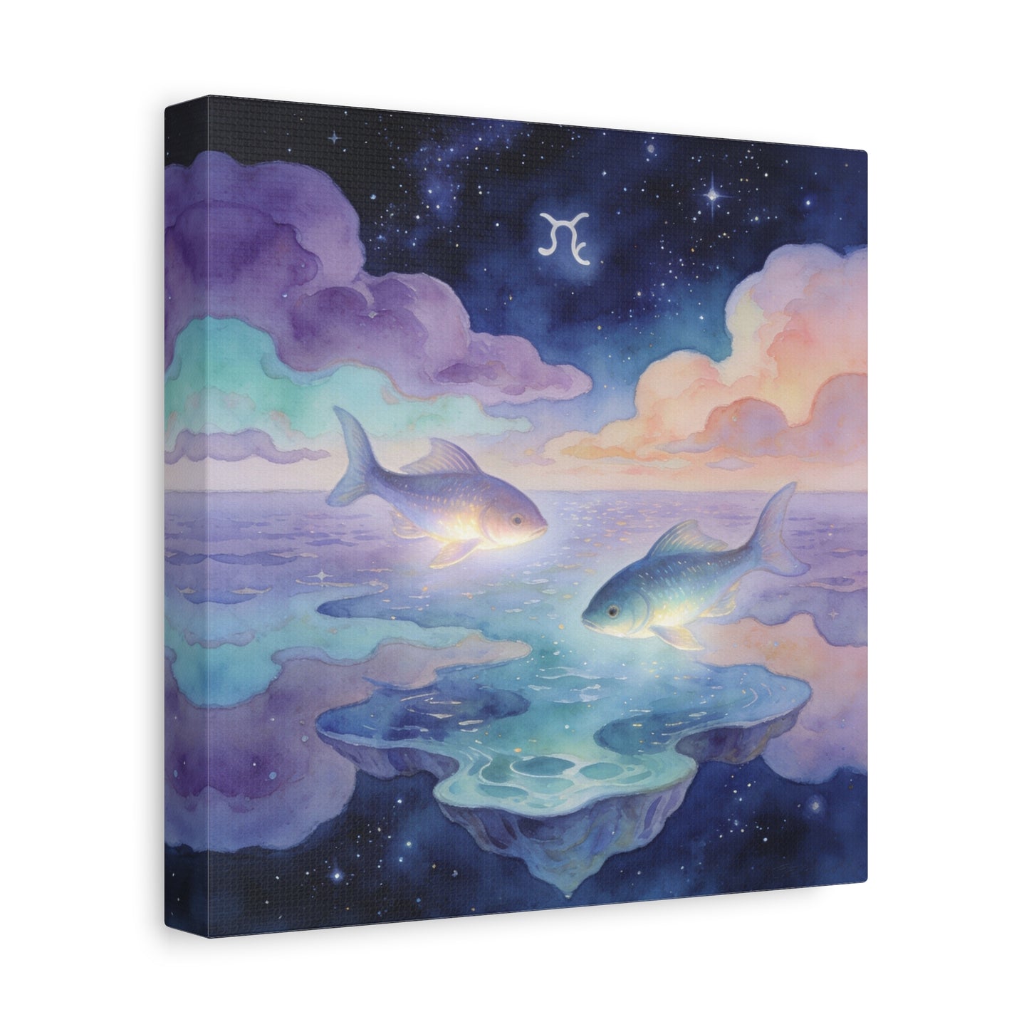 Pisces Zodiac Canvas Wall Art - Celestial Fish Over Dreamlike Sea, Watercolor Illustration - Mystical Night Sky, Matte Canvas Print - Bedroom Wall Decor, Meditation Space Accent - Ready to Hang