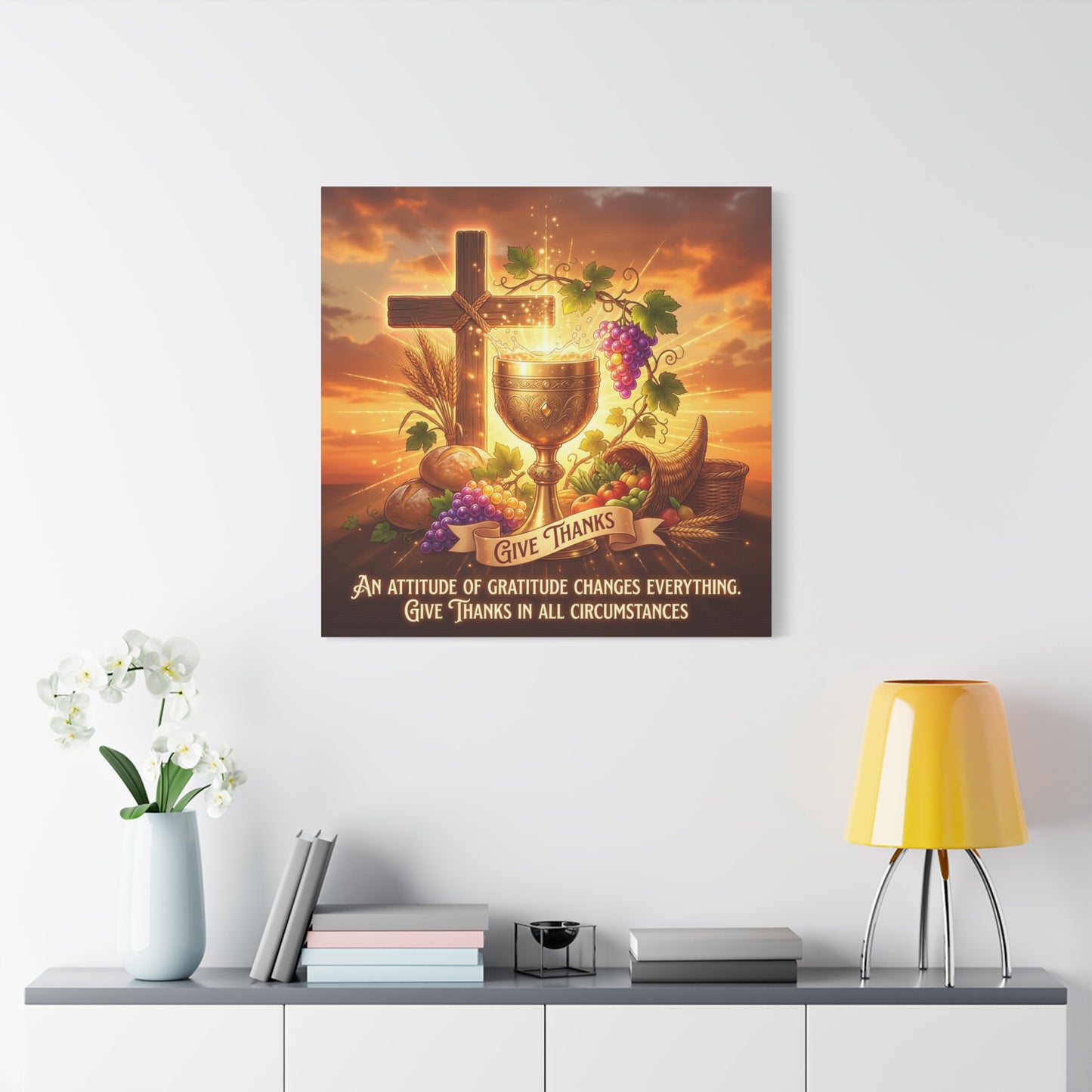 "Give Thanks" Christian Canvas Wall Art - Cross, Communion Chalice, Grapes, Bread - Gratitude Scripture Decor, Matte Cotton Print - Ready to Hang